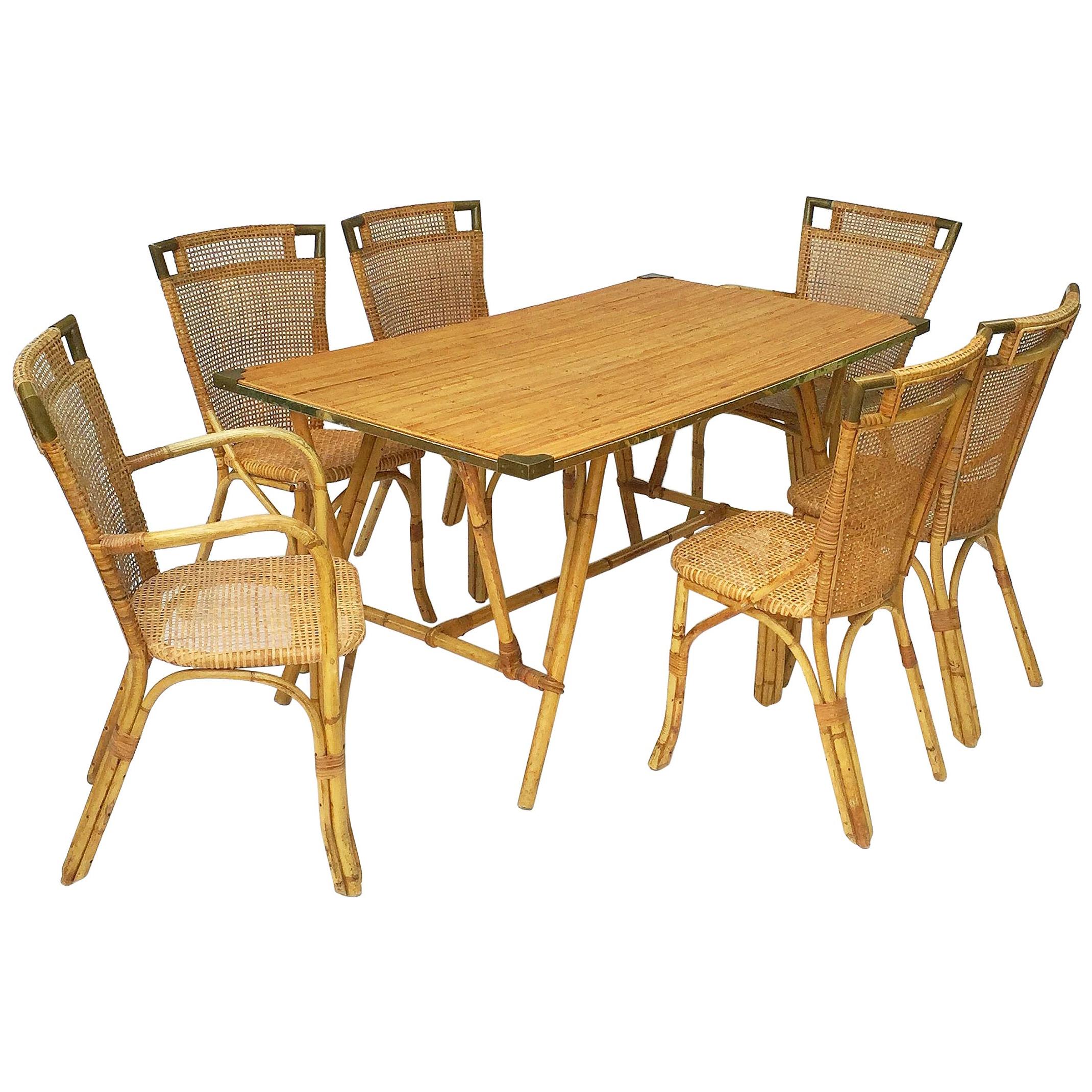 Mid-Century French Rattan Table and Chairs Set 'Attr. Louis Sognot'