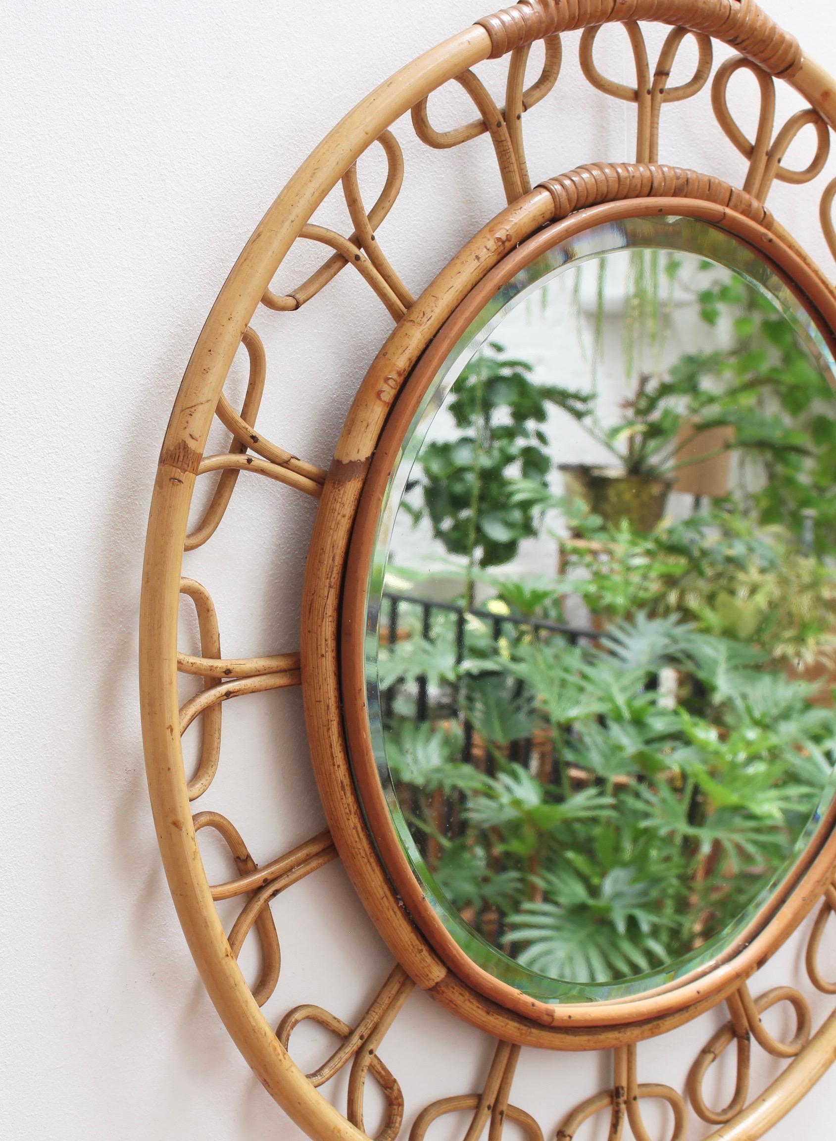 Midcentury French Rattan Wall Mirror, circa 1960s In Fair Condition In London, GB