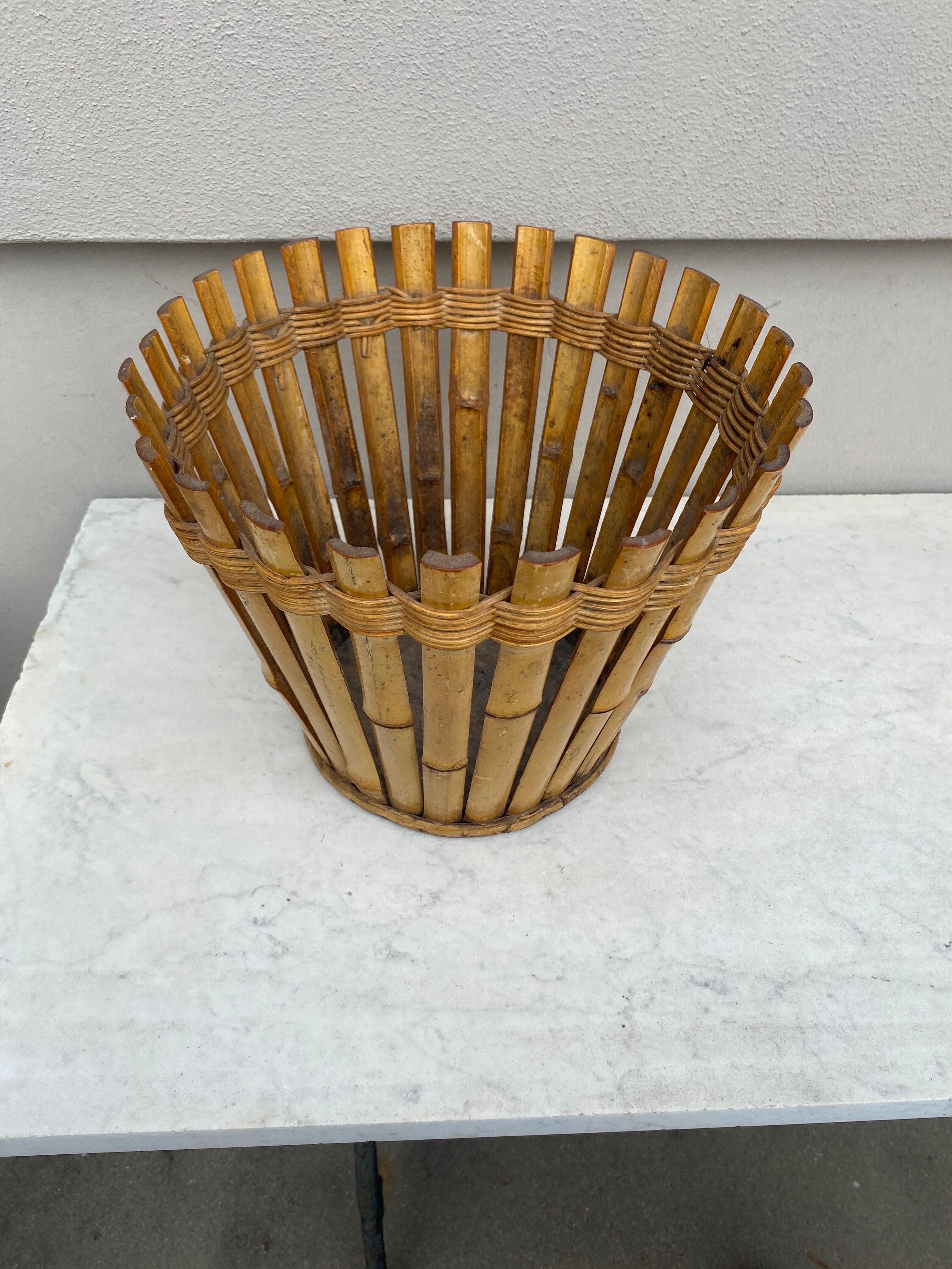 Rustic Mid-Century French Rattan Waste bin or Basket