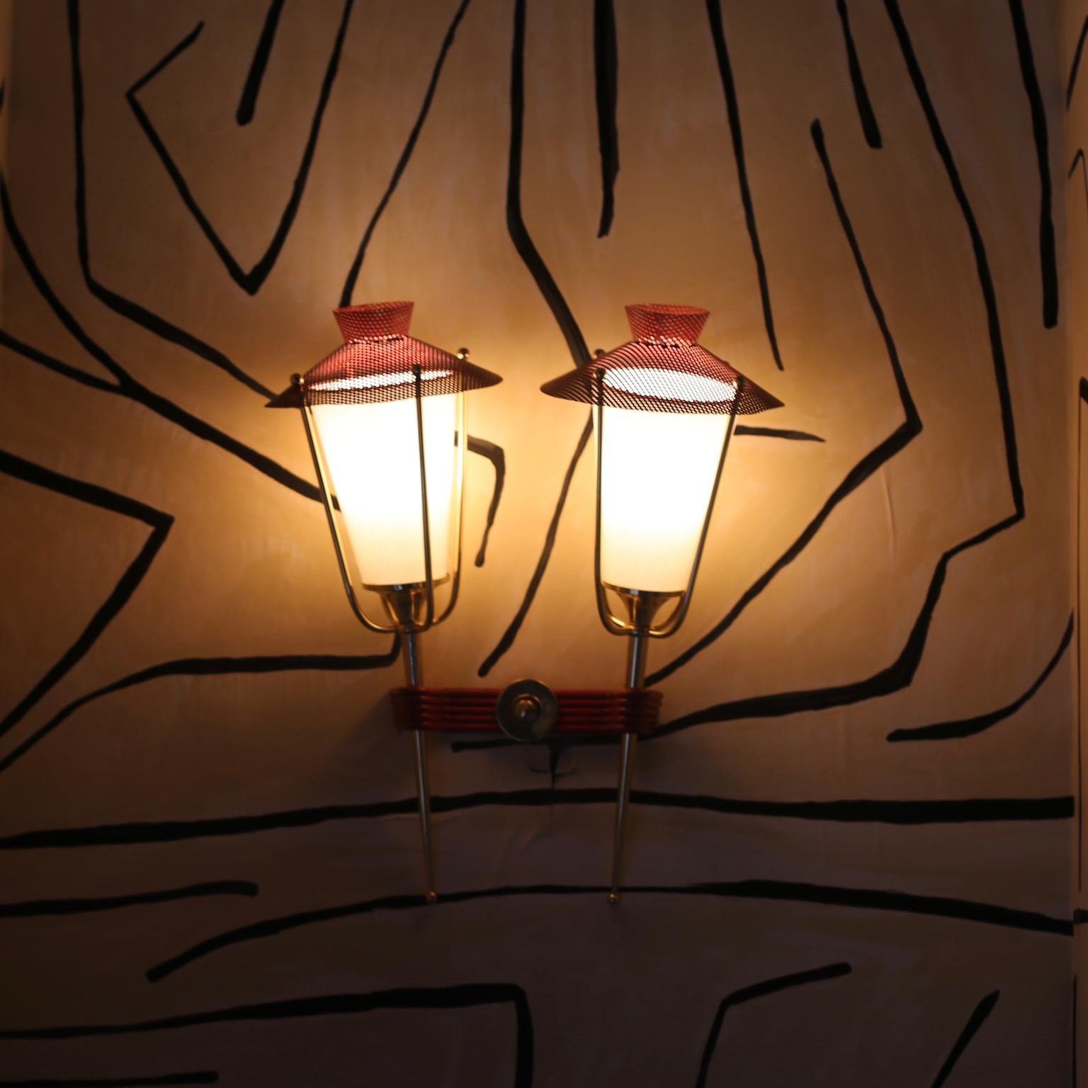 Mid-Century Modern Midcentury French Red and Brass Wall Sconces by Maison Arlus For Sale