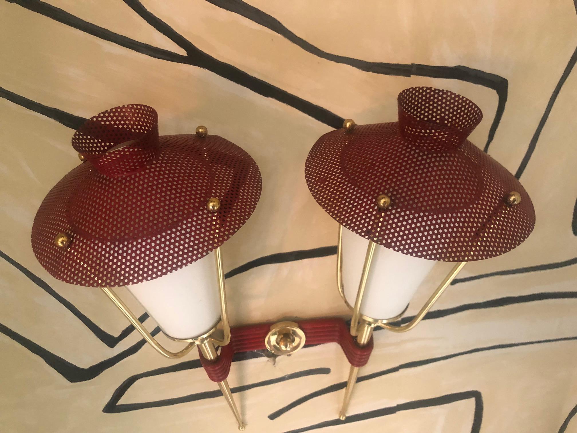 Midcentury French Red and Brass Wall Sconces by Maison Arlus In Fair Condition For Sale In Limerick, IE