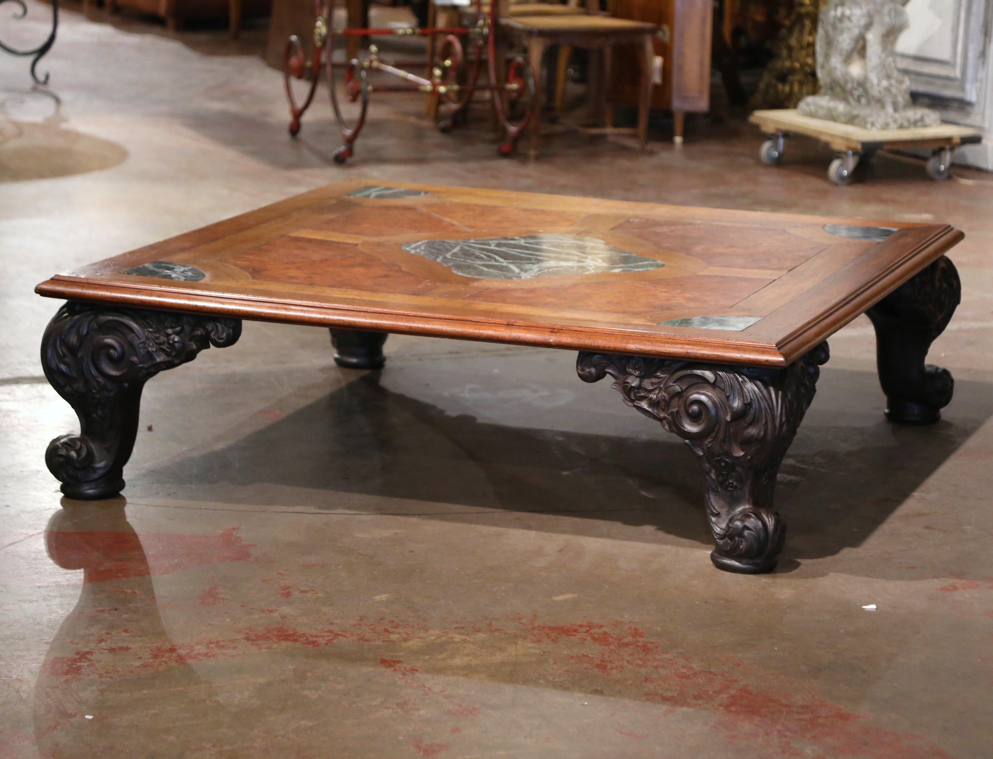 Mid-Century French Regence Marquetry Walnut and Marble Coffee Table on Iron Legs For Sale 5