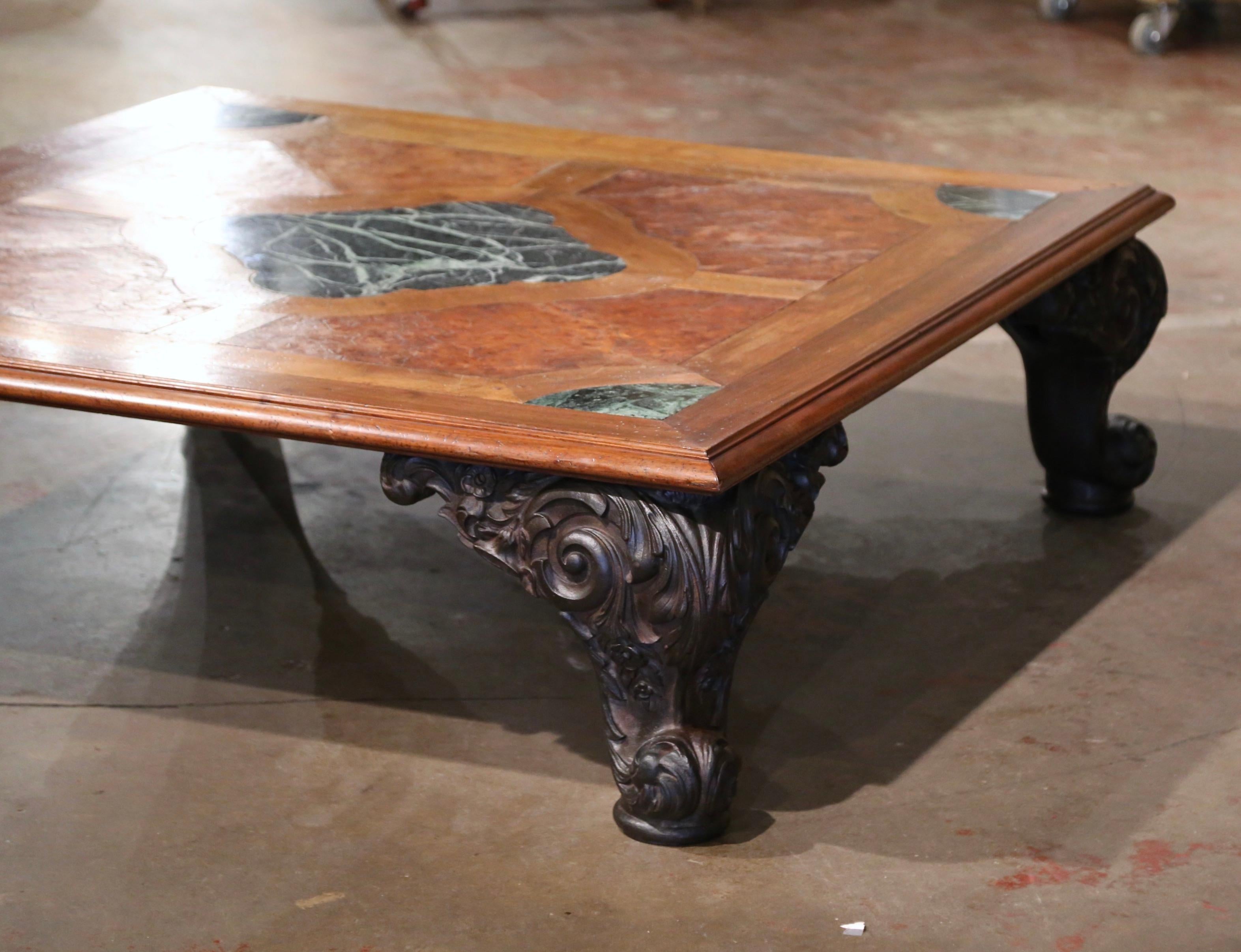 Mid-Century French Regence Marquetry Walnut and Marble Coffee Table on Iron Legs For Sale 6