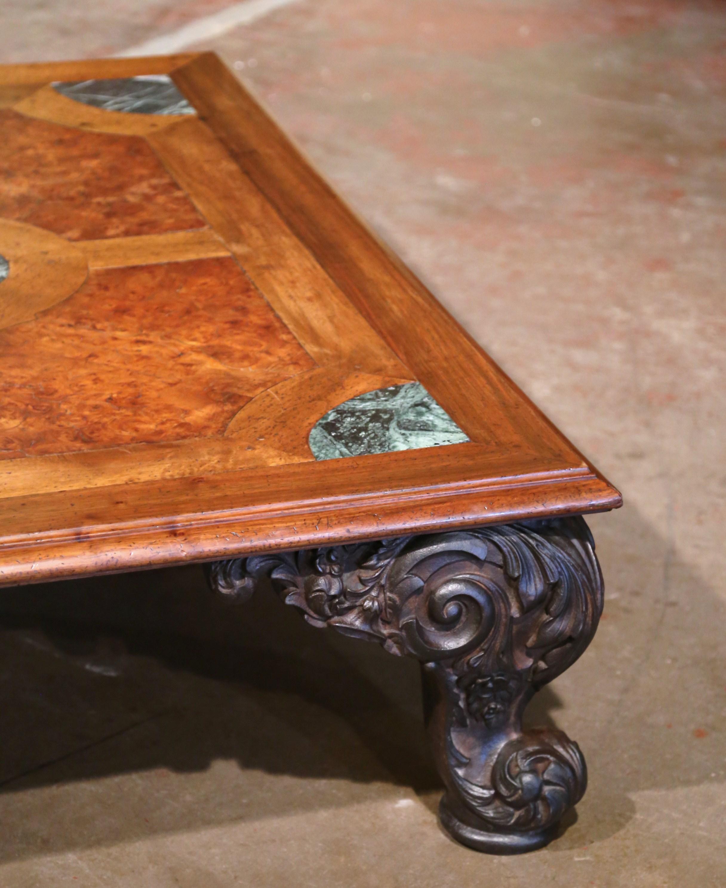 Mid-Century French Regence Marquetry Walnut and Marble Coffee Table on Iron Legs For Sale 7