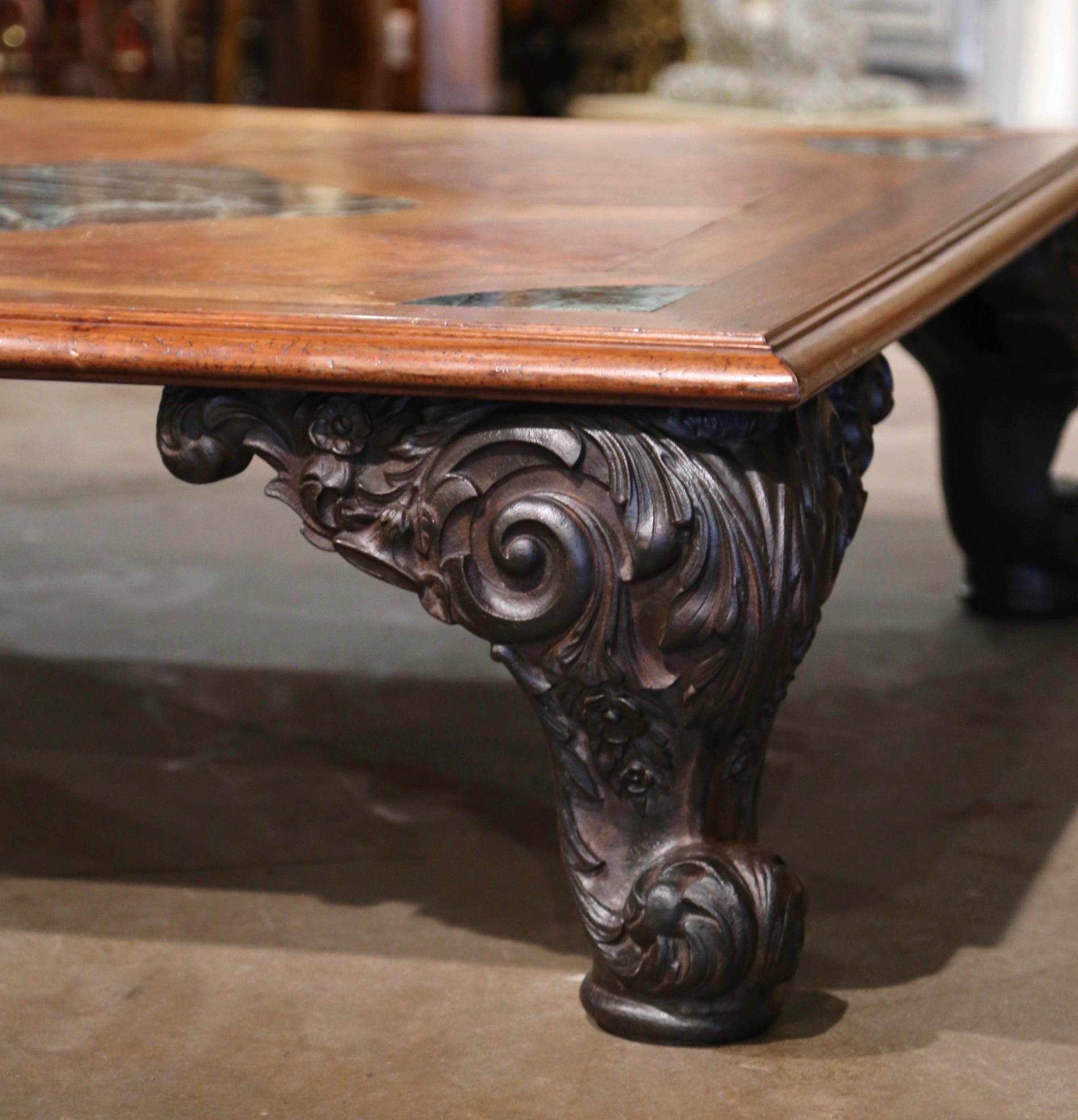 Mid-Century French Regence Marquetry Walnut and Marble Coffee Table on Iron Legs For Sale 8