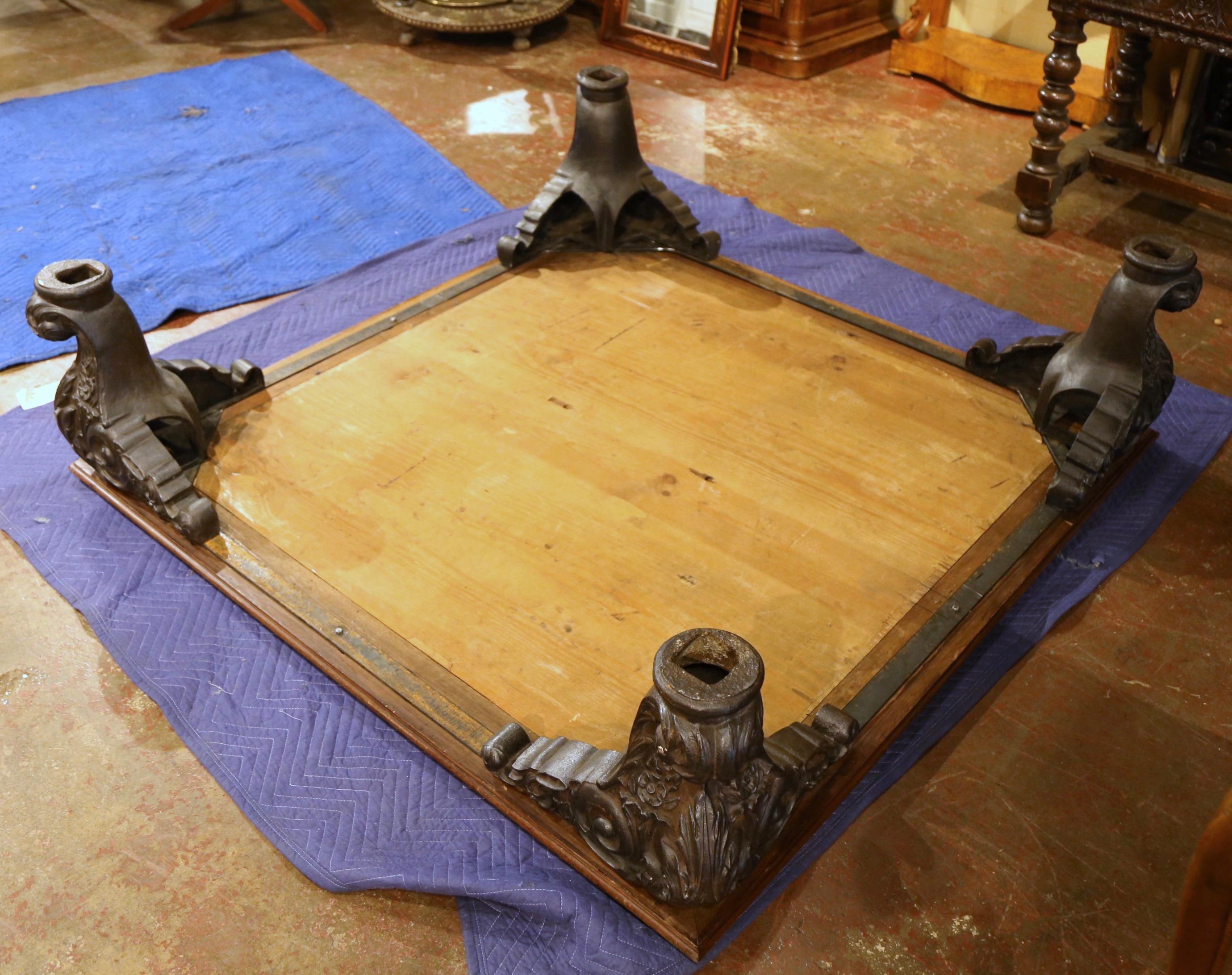 Mid-Century French Regence Marquetry Walnut and Marble Coffee Table on Iron Legs For Sale 11