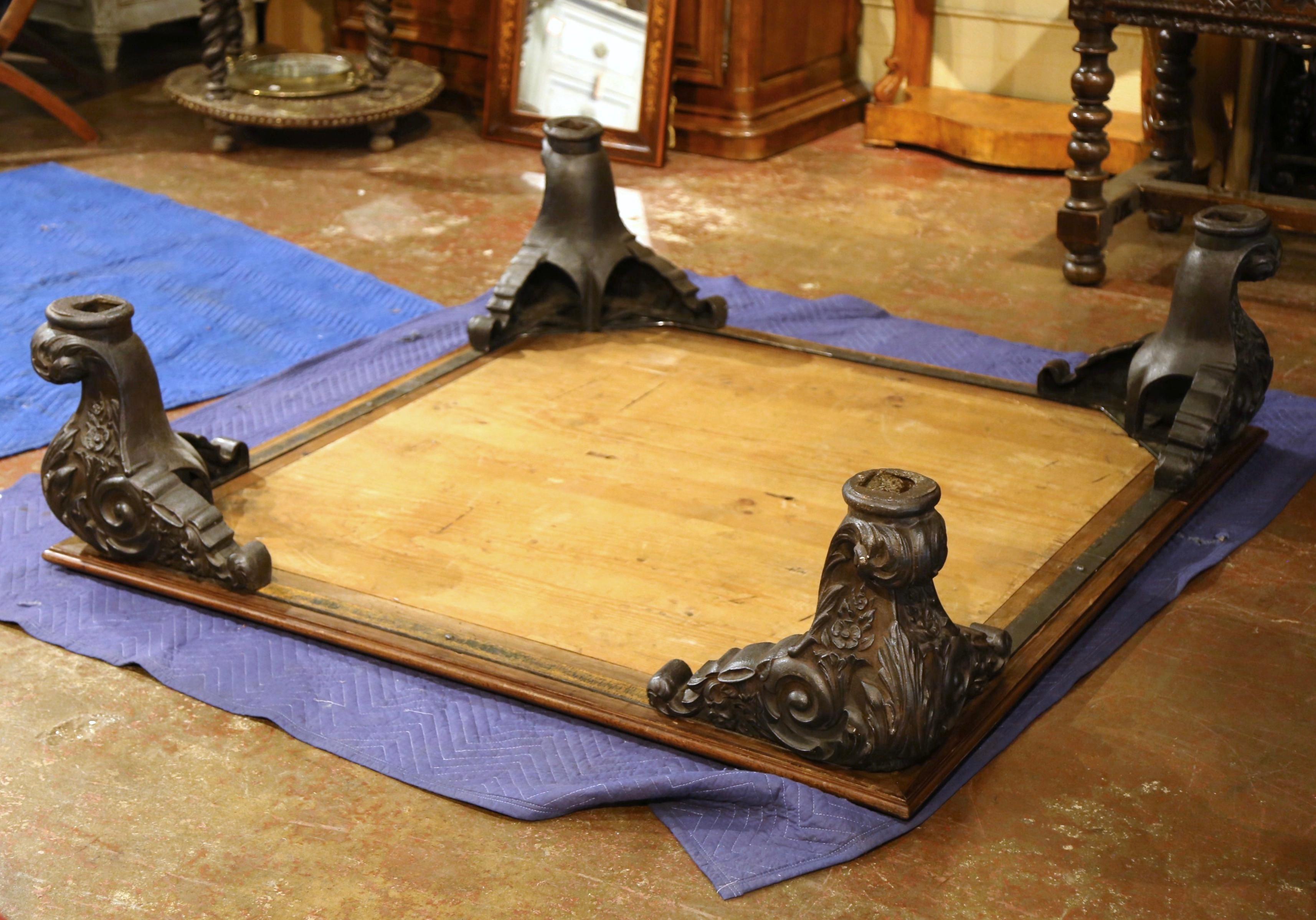 Mid-Century French Regence Marquetry Walnut and Marble Coffee Table on Iron Legs For Sale 12
