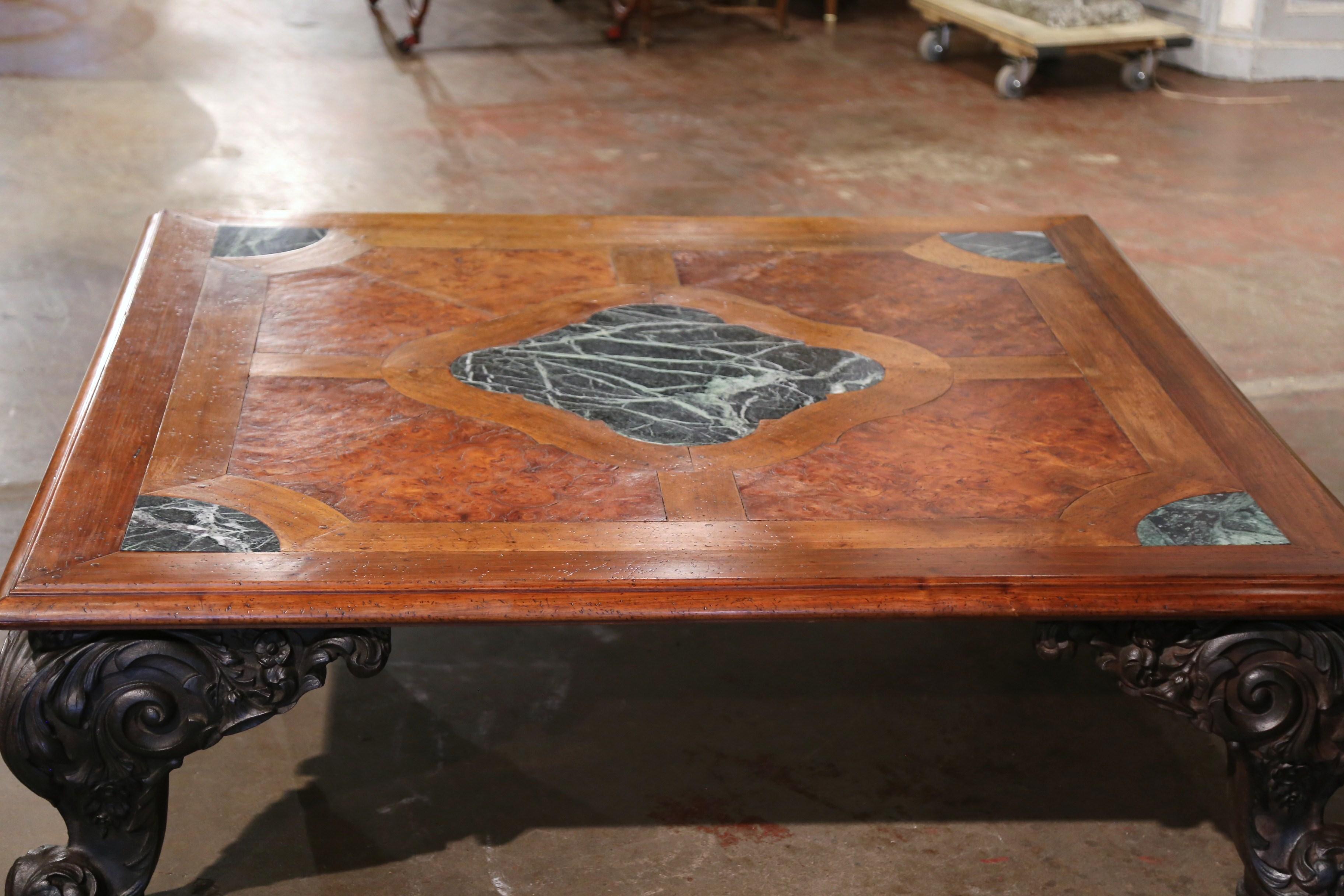Regency Mid-Century French Regence Marquetry Walnut and Marble Coffee Table on Iron Legs For Sale