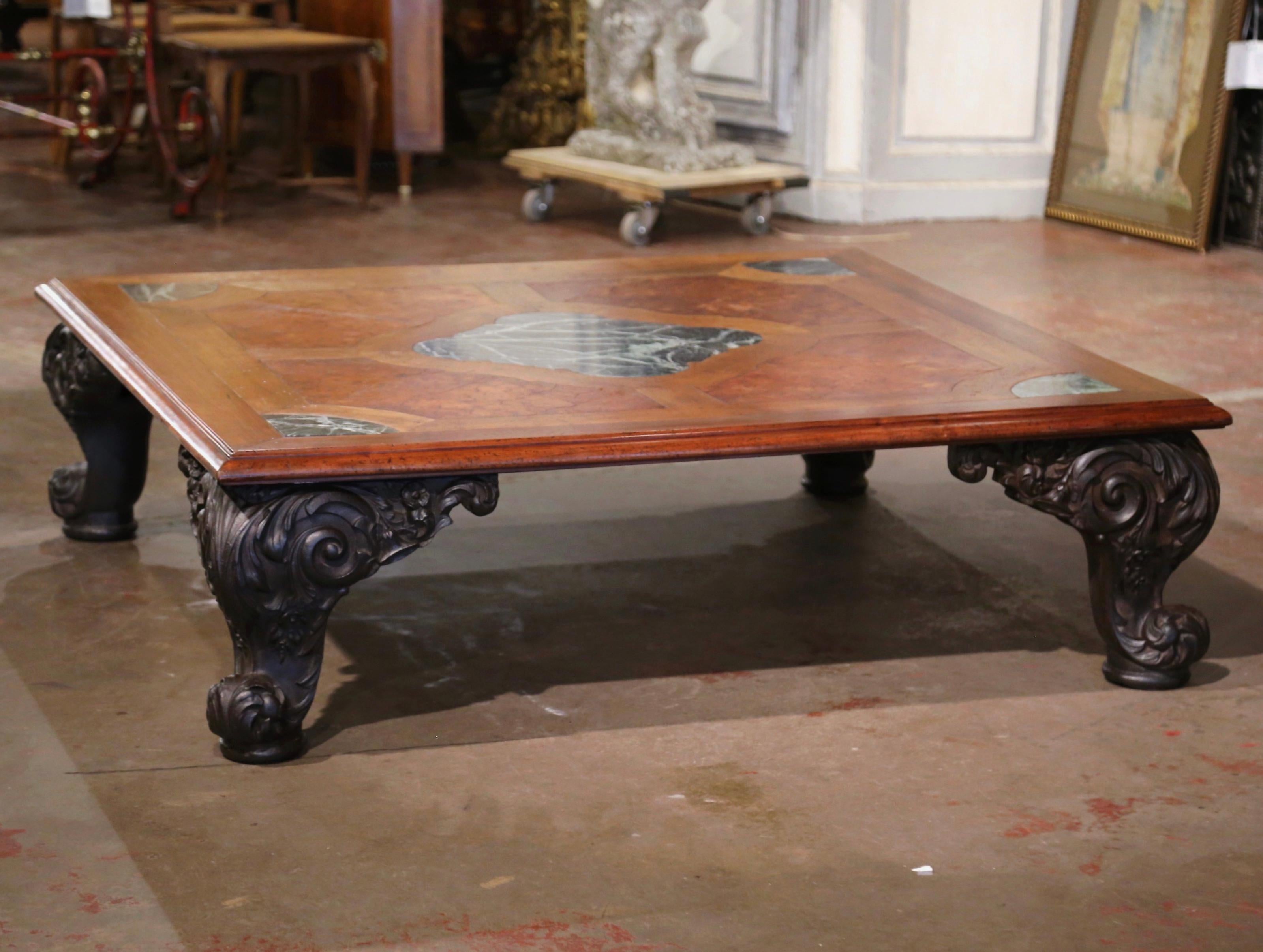 20th Century Mid-Century French Regence Marquetry Walnut and Marble Coffee Table on Iron Legs For Sale