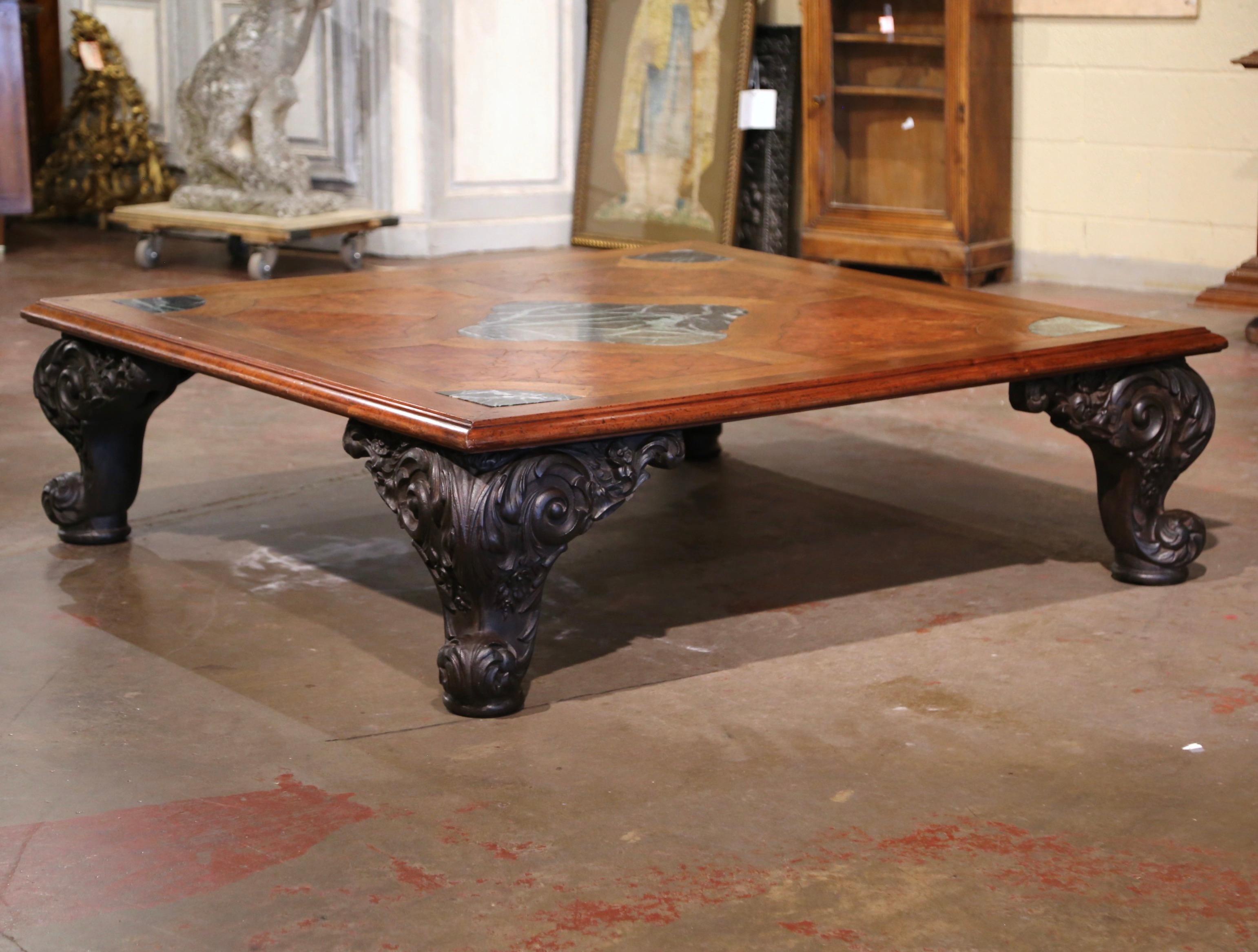 Mid-Century French Regence Marquetry Walnut and Marble Coffee Table on Iron Legs For Sale 1