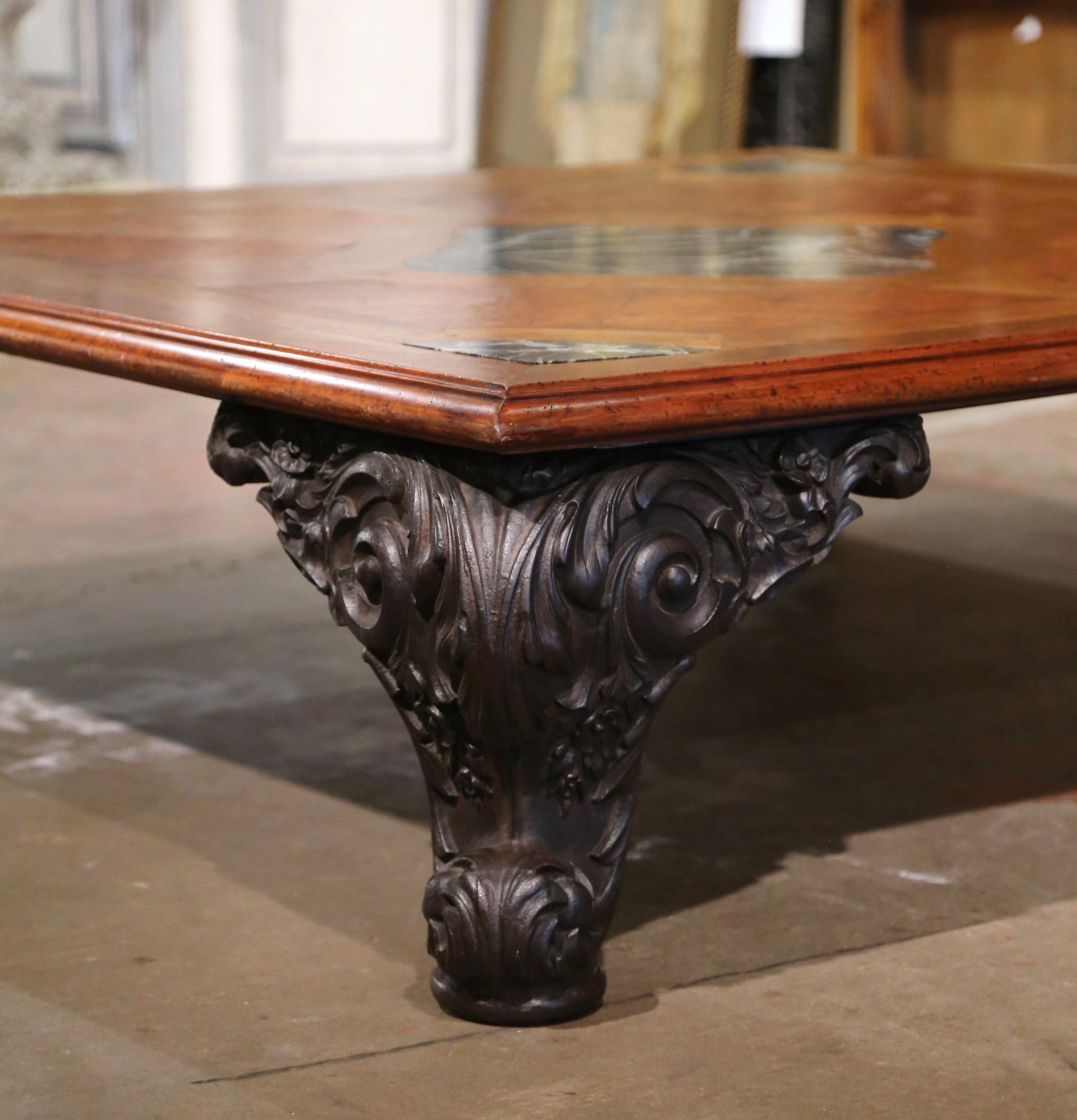 Mid-Century French Regence Marquetry Walnut and Marble Coffee Table on Iron Legs For Sale 2