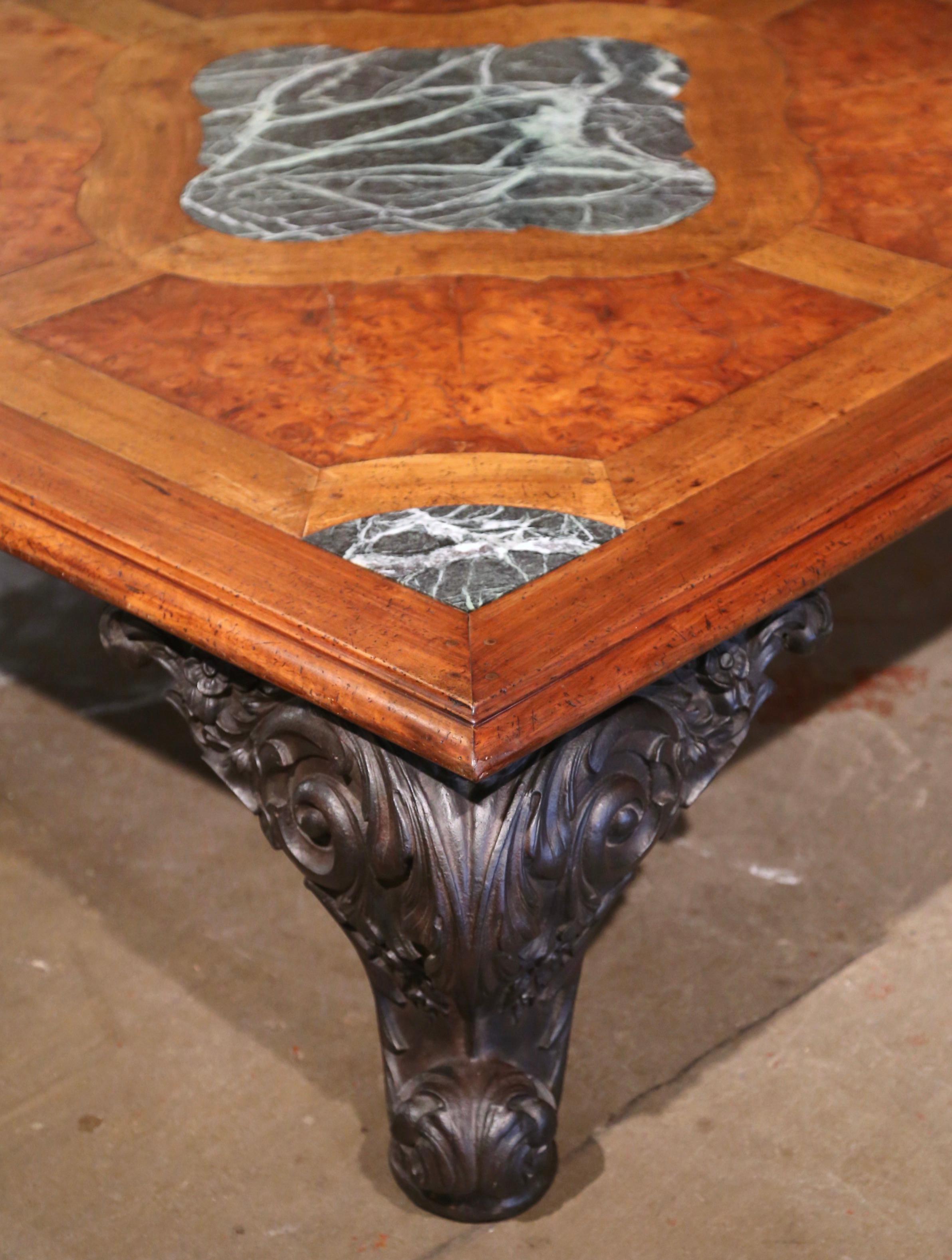 Mid-Century French Regence Marquetry Walnut and Marble Coffee Table on Iron Legs For Sale 3