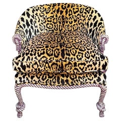 Mid-Century French Regency Style Leopard Velvet Carved Italian Rope Chairs