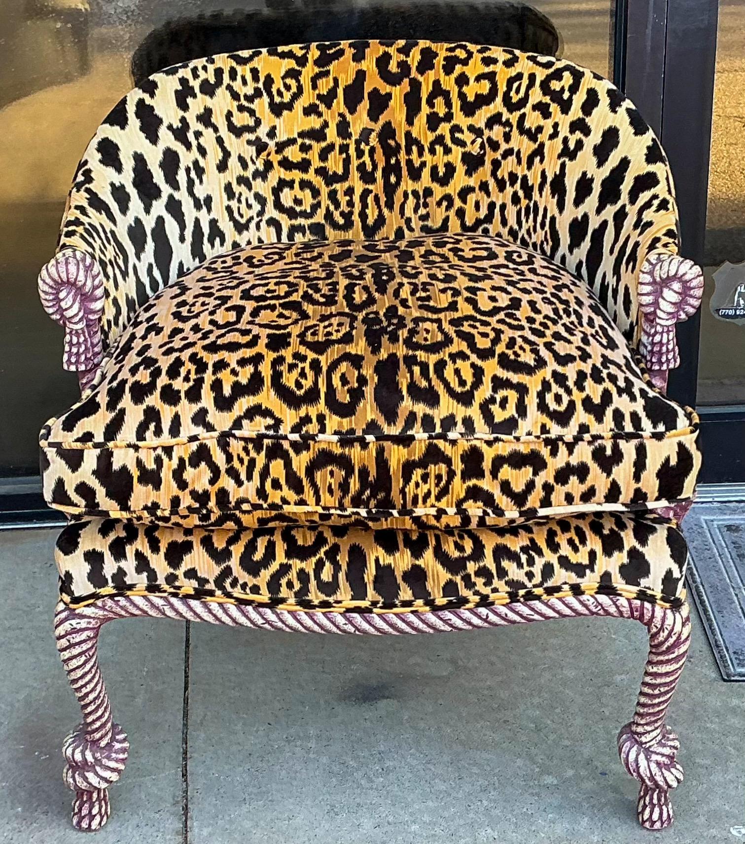 Mid-Century French Regency Style Leopard Velvet Carved Italian Rope Chairs 1