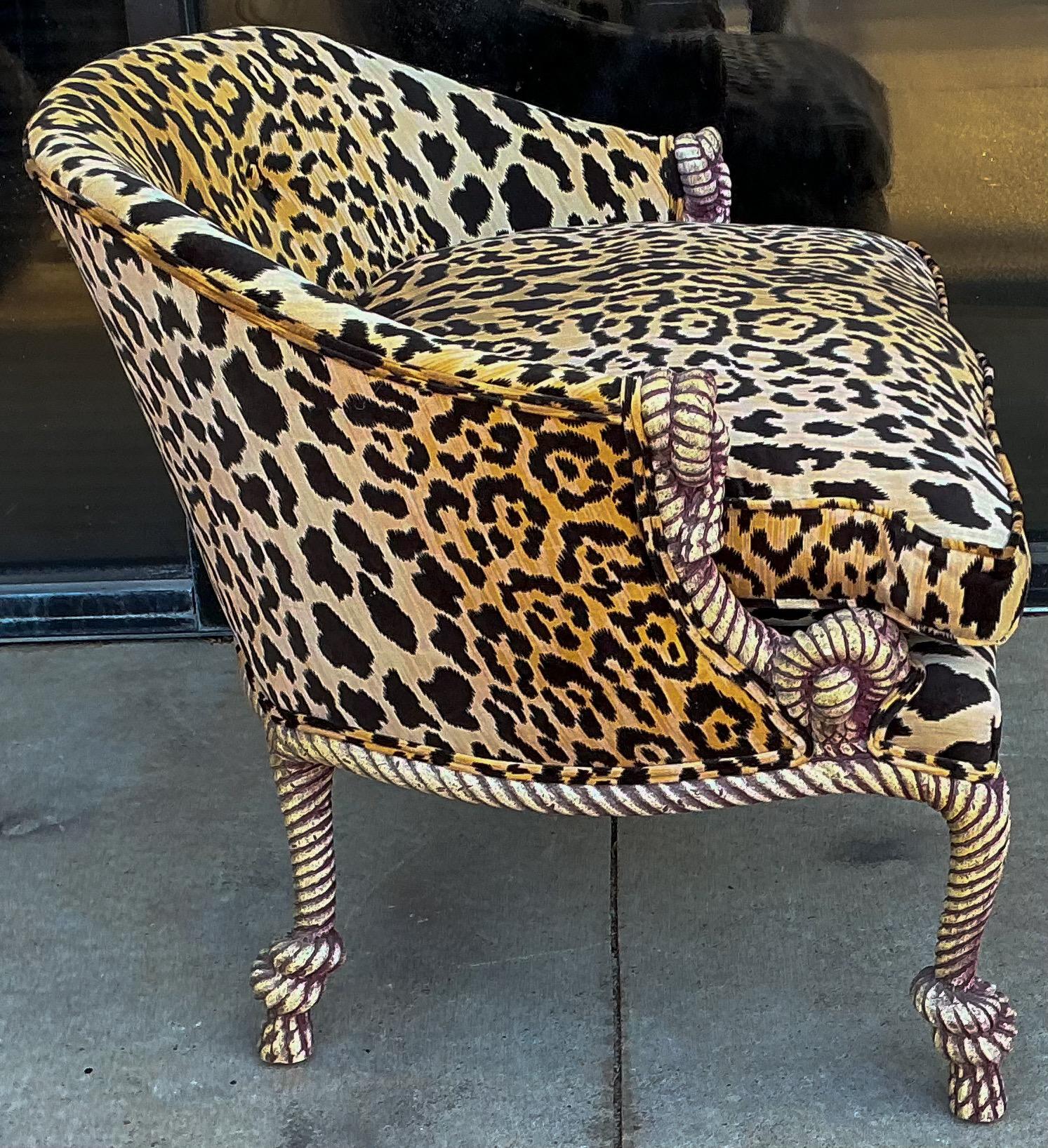 Mid-Century French Regency Style Leopard Velvet Carved Italian Rope Chairs 2