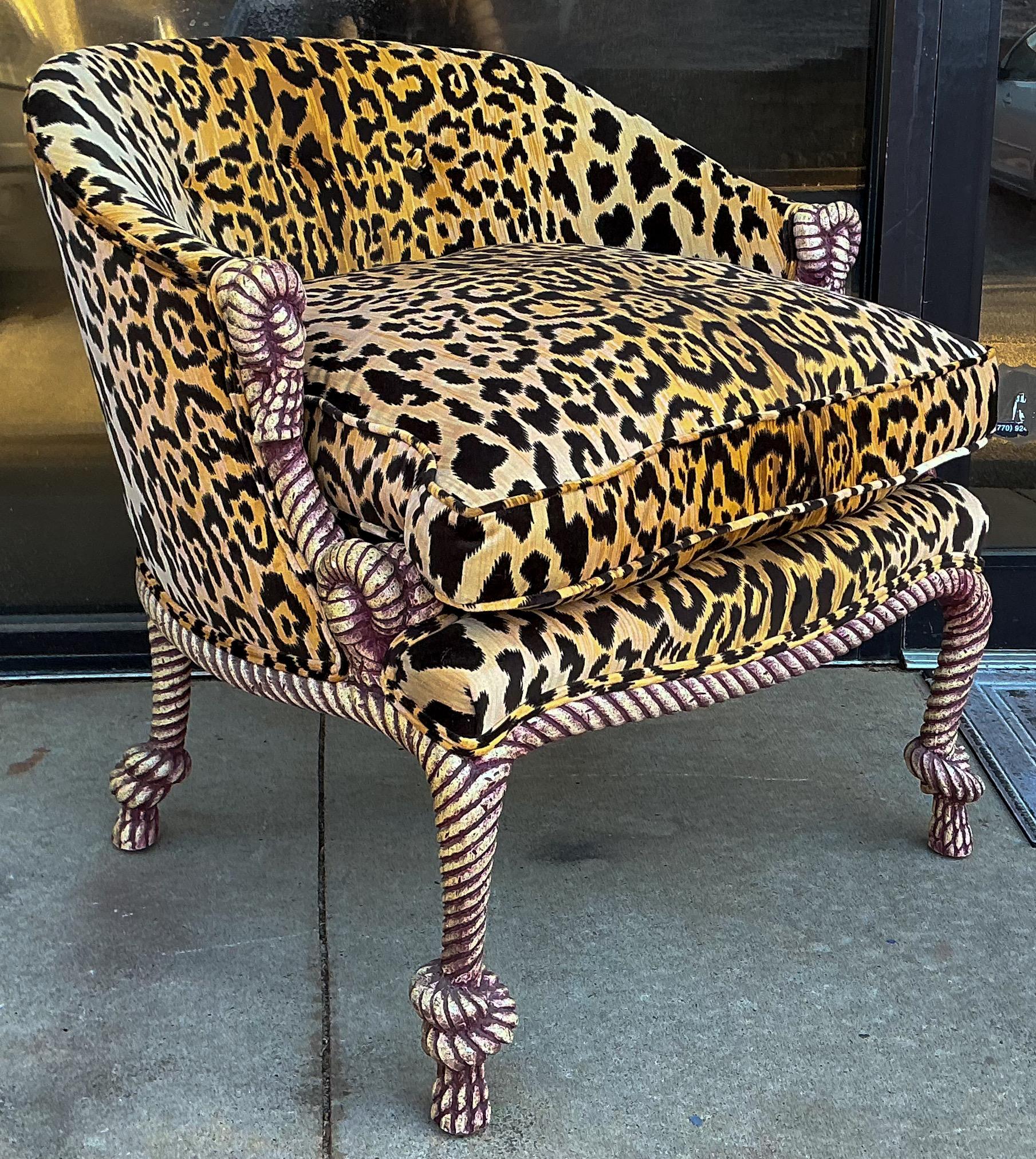 Mid-Century French Regency Style Leopard Velvet Carved Italian Rope Chairs 3