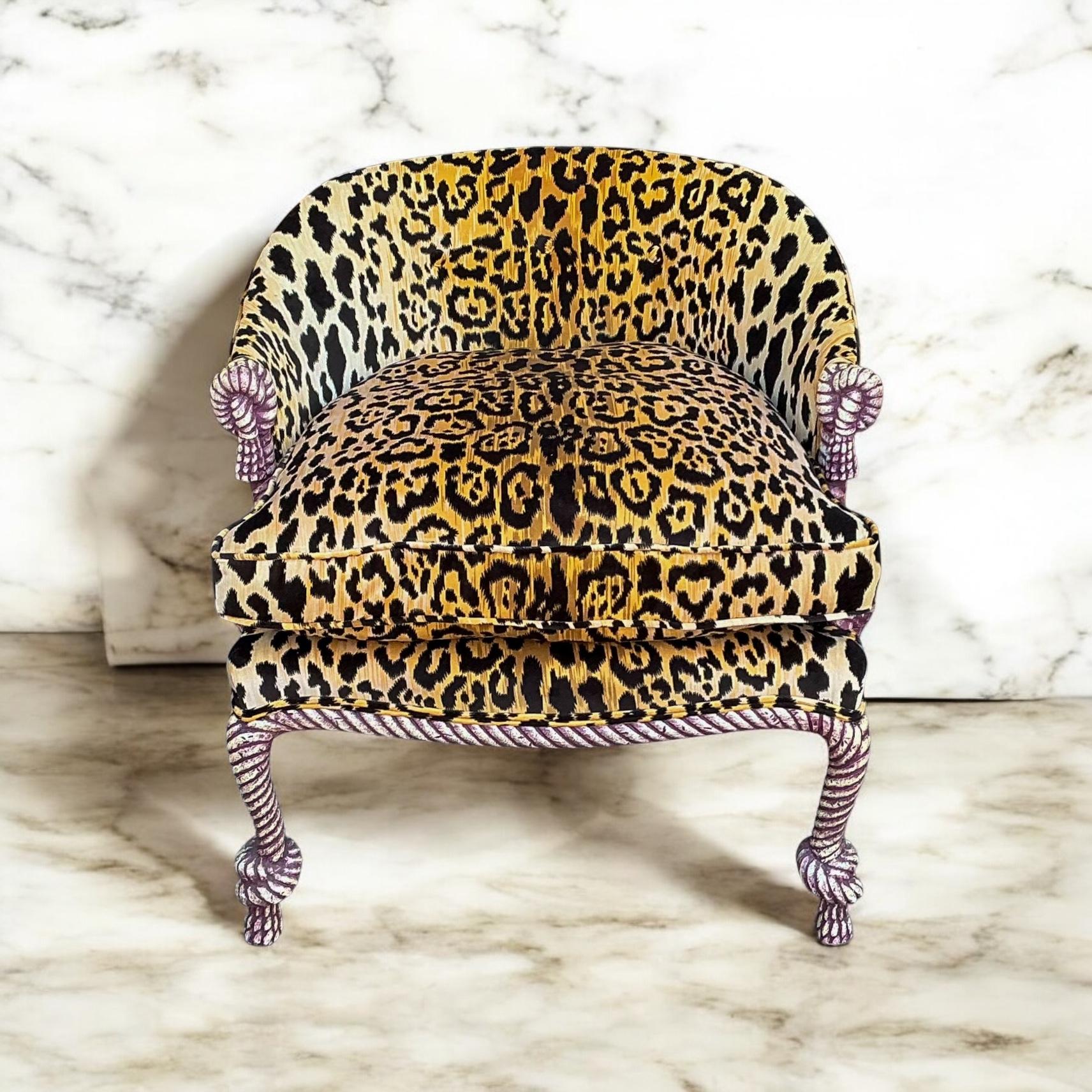 Mid-Century French Regency Style Leopard Velvet Carved Italian Rope Chairs 5