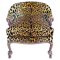 Mid-Century French Regency Style Leopard Velvet Carved Italian Rope Chairs