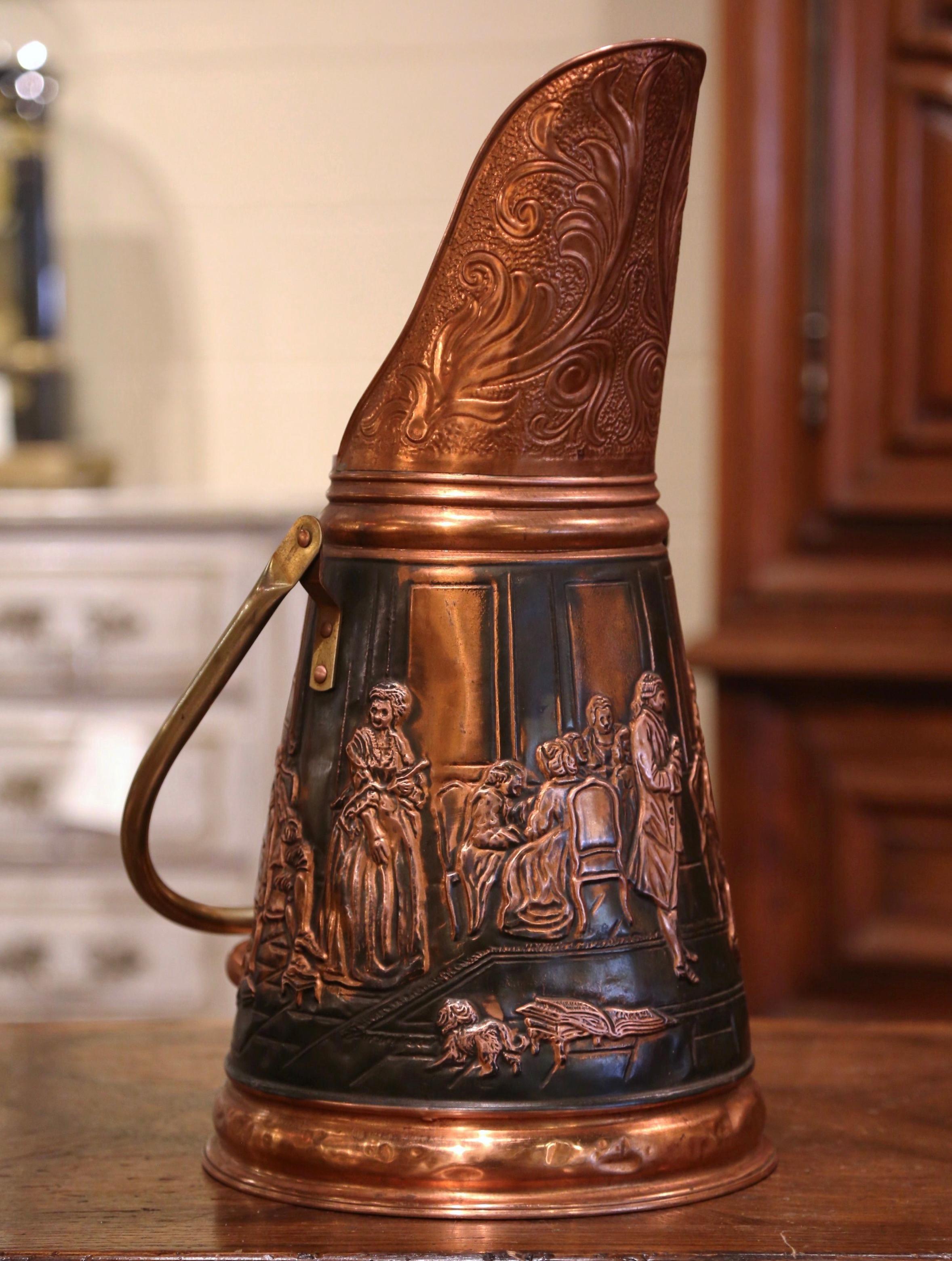 Place this antique hod bucket next to your front door to catch umbrellas and canes. Crafted in France circa 1950 and made of repousse copper with decorative indoor pastoral scene, the bucket features a wide pouring mouth over a round and tapered