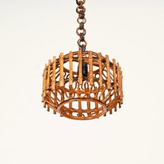Mid-Century French Riviera Bambo and Rattan Round Italian Chandelier, 1960s