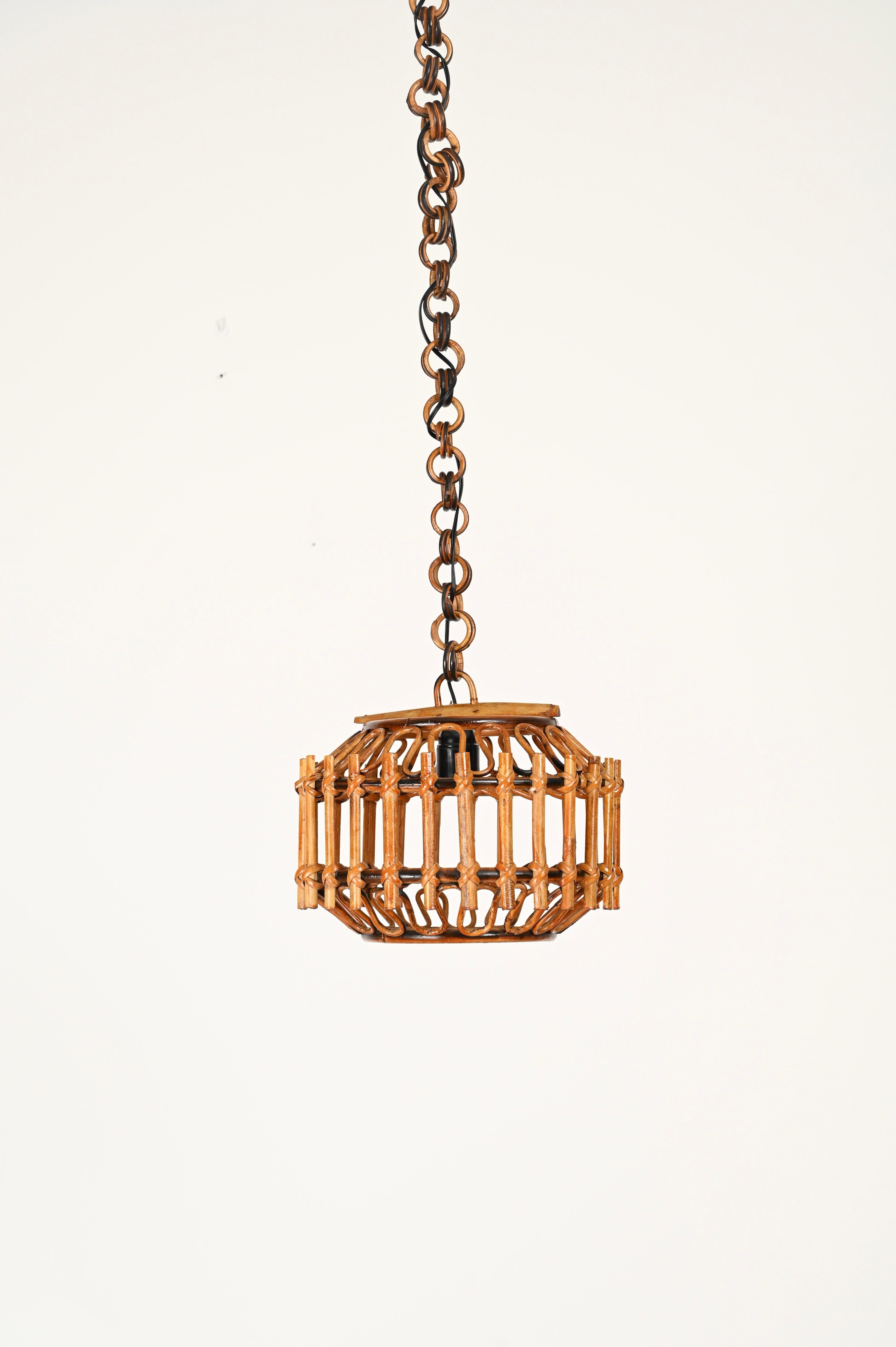 Bambou Lustre italien rond en bambou et rotin de la Côte d'Azur du milieu du siècle, 1960 en vente