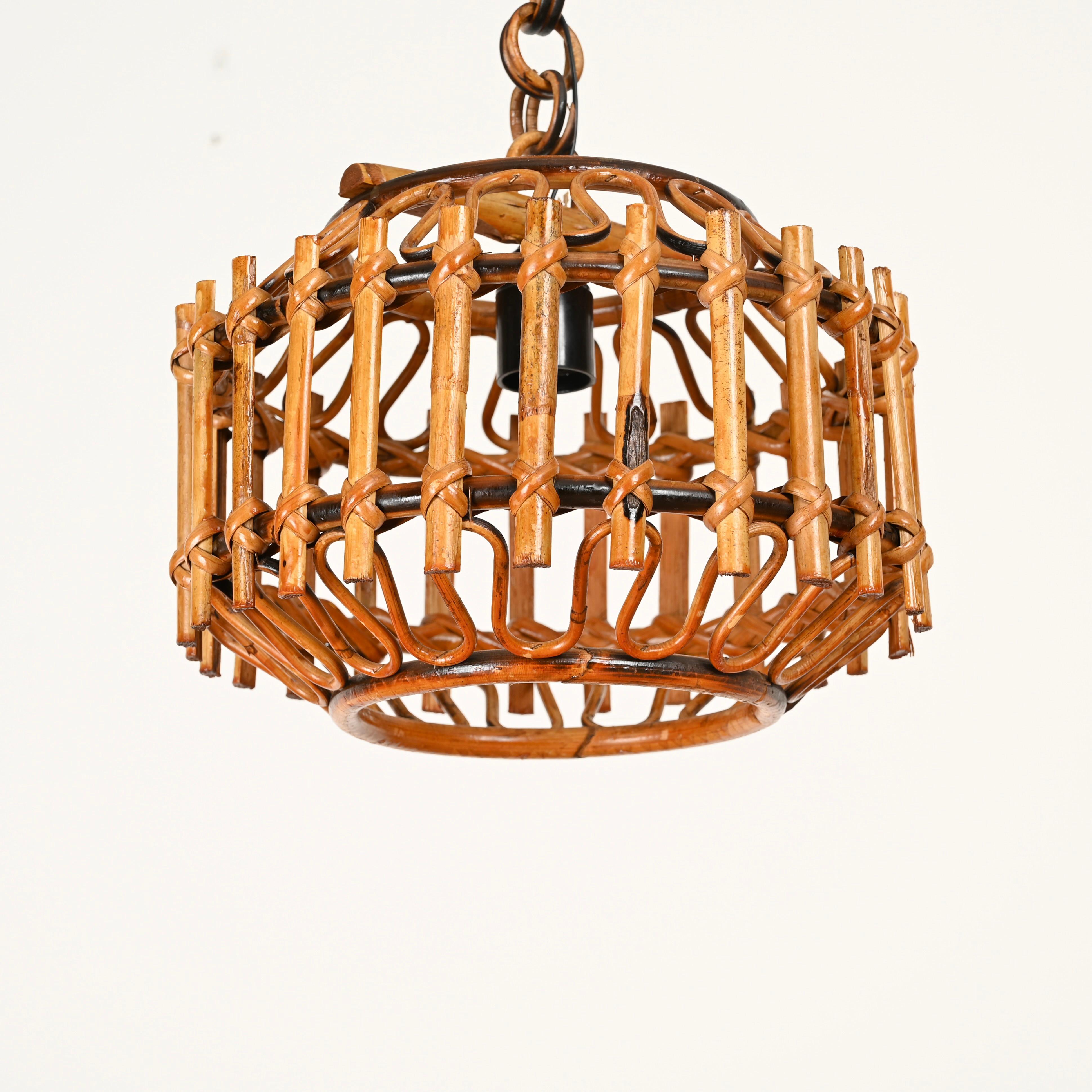 Lustre italien rond en bambou et rotin de la Côte d'Azur du milieu du siècle, 1960 en vente 2