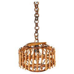 Mid-Century French Riviera Bambo and Rattan Round Italian Chandelier, 1960s