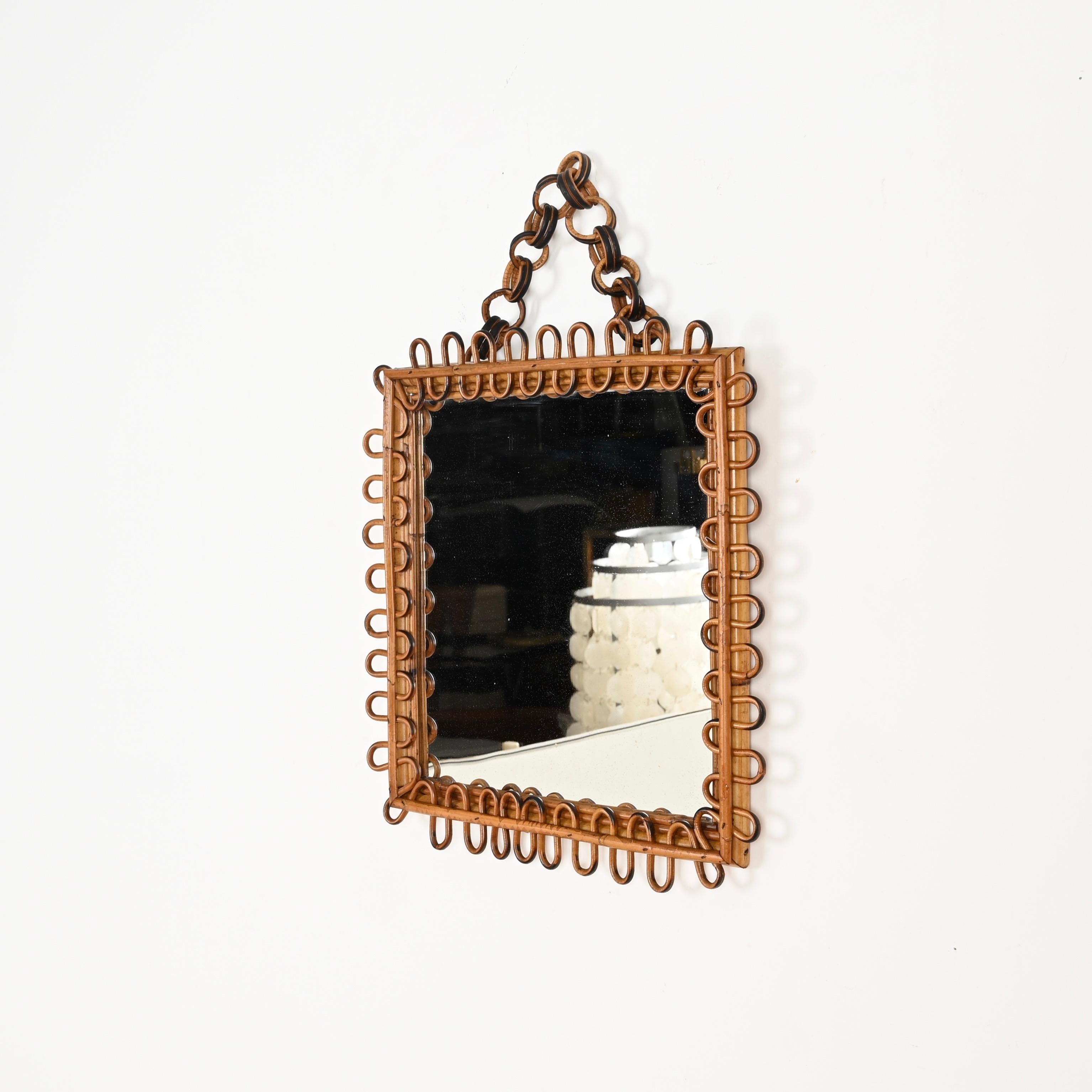 Mid-Century French Riviera Bamboo and Curved Rattan Square Mirror, Italy 1960s For Sale 3
