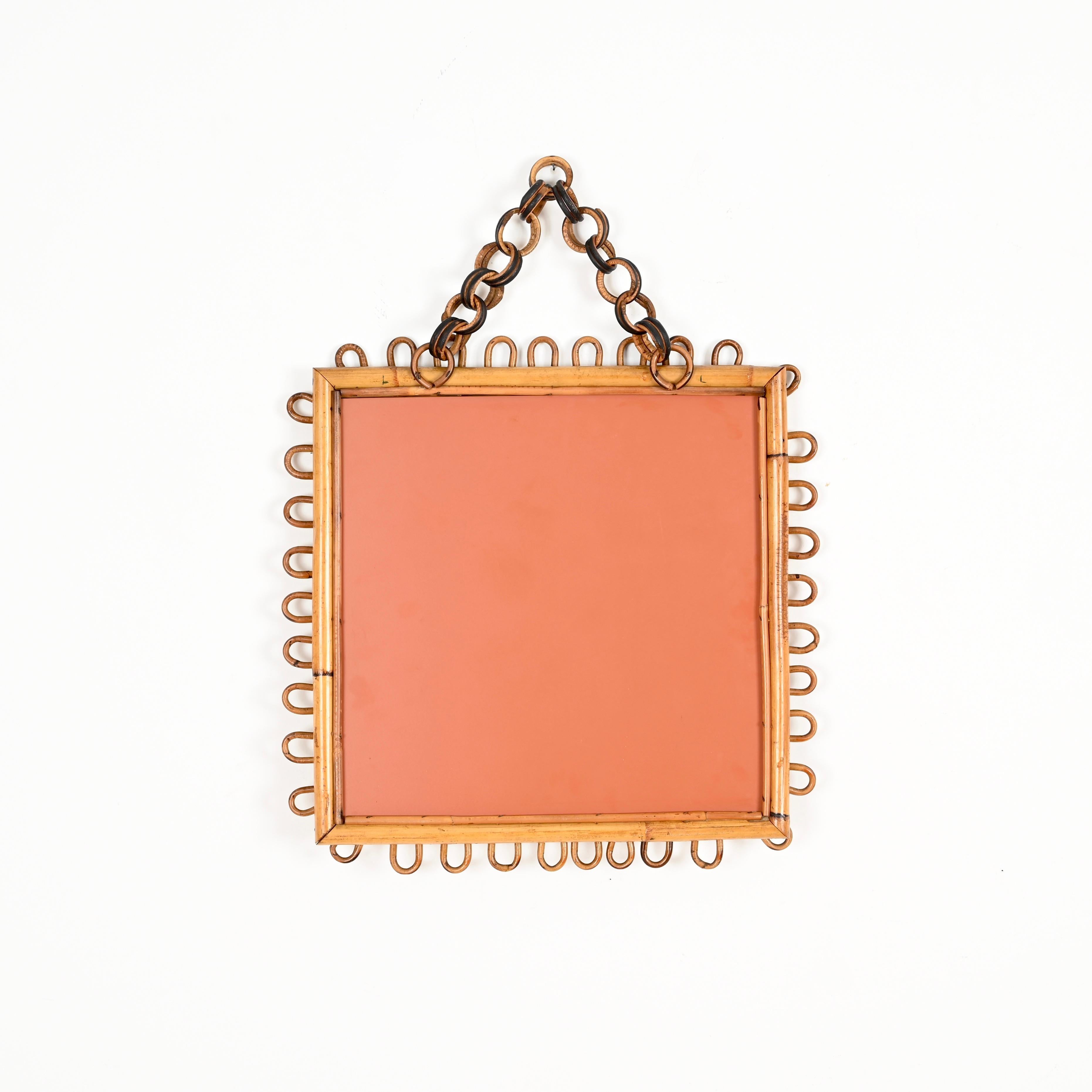 Mid-Century French Riviera Bamboo and Curved Rattan Square Mirror, Italy 1960s For Sale 4