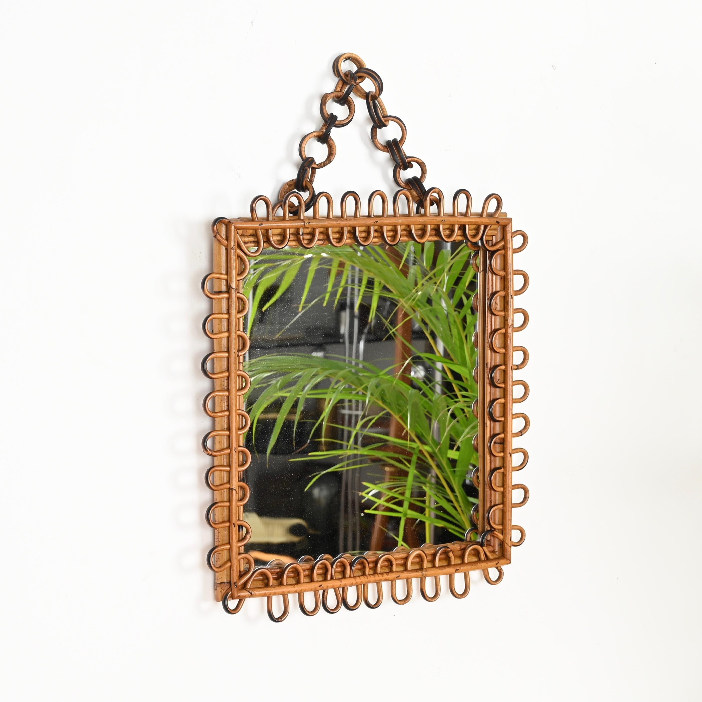 Mid-Century Modern Mid-Century French Riviera Bamboo and Curved Rattan Square Mirror, Italy 1960s For Sale