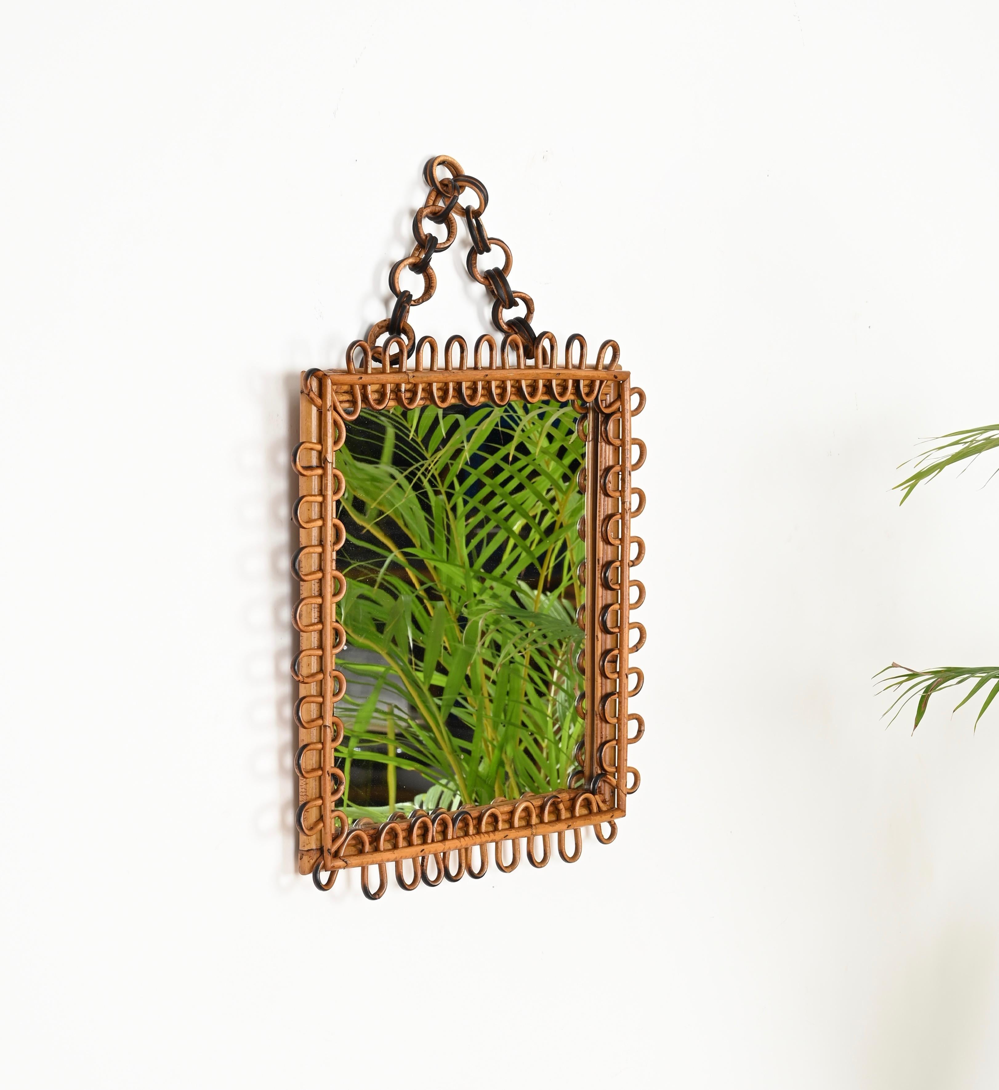 Italian Mid-Century French Riviera Bamboo and Curved Rattan Square Mirror, Italy 1960s For Sale
