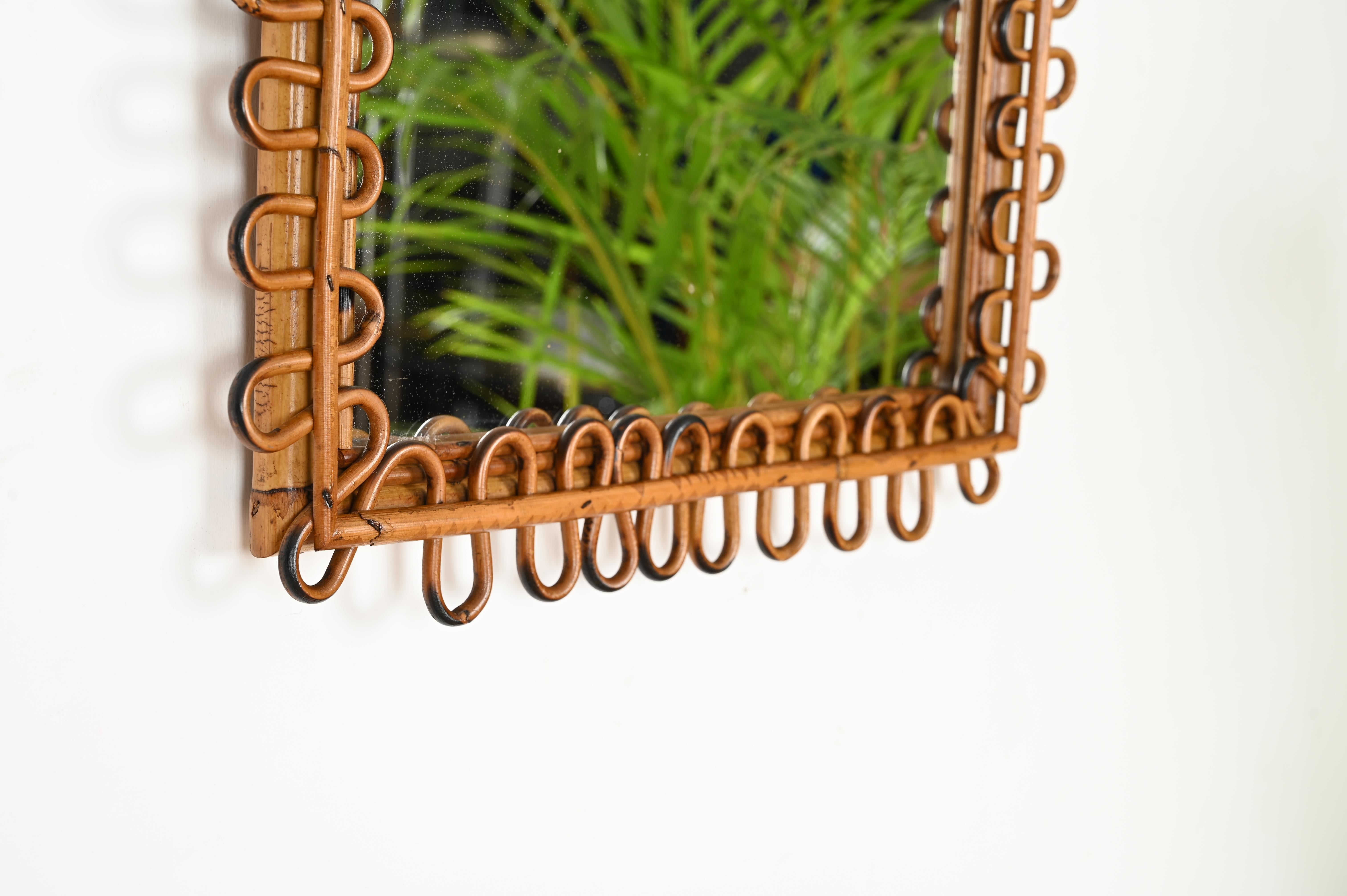 Hand-Crafted Mid-Century French Riviera Bamboo and Curved Rattan Square Mirror, Italy 1960s For Sale