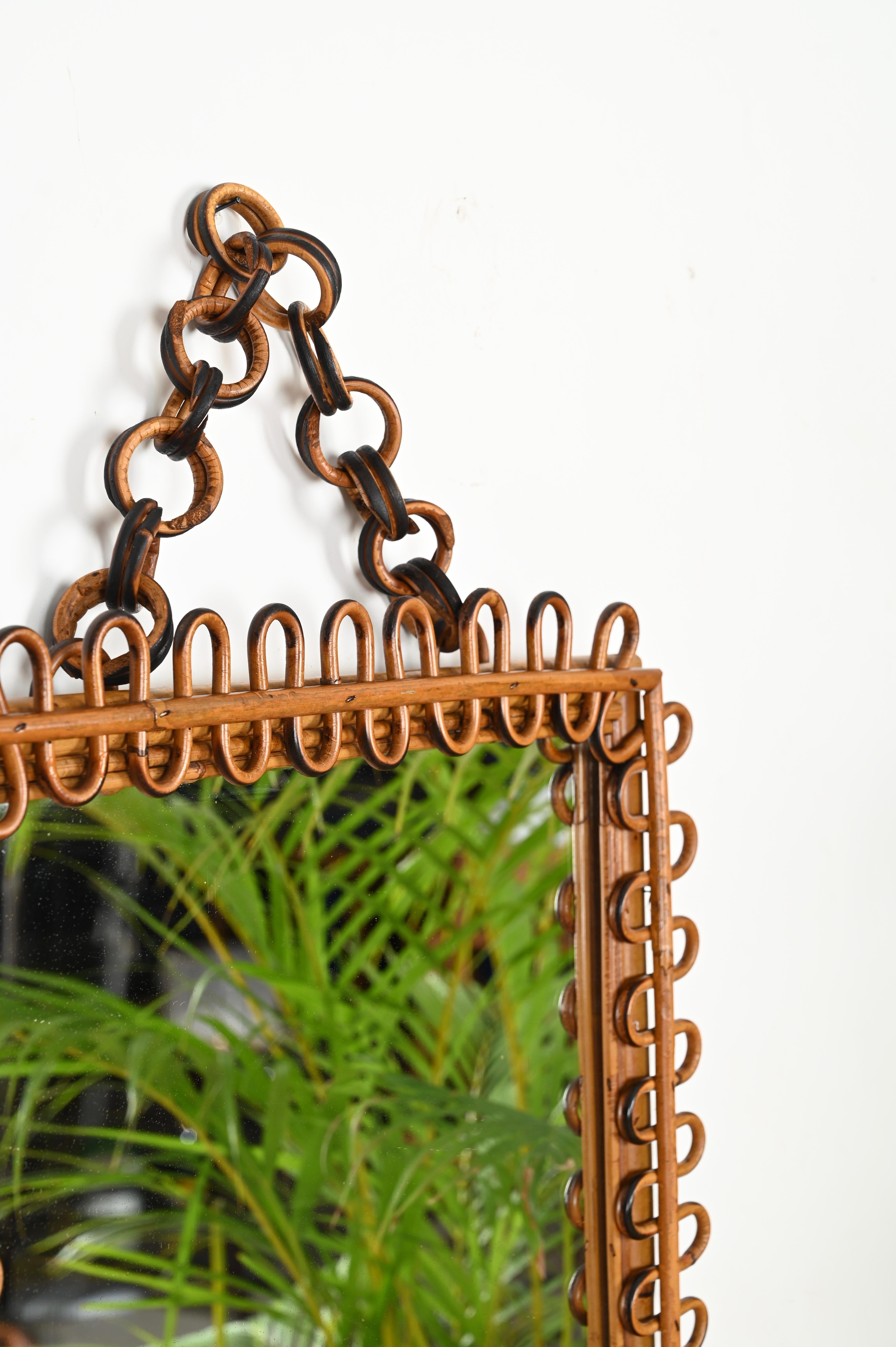 Mid-20th Century Mid-Century French Riviera Bamboo and Curved Rattan Square Mirror, Italy 1960s For Sale