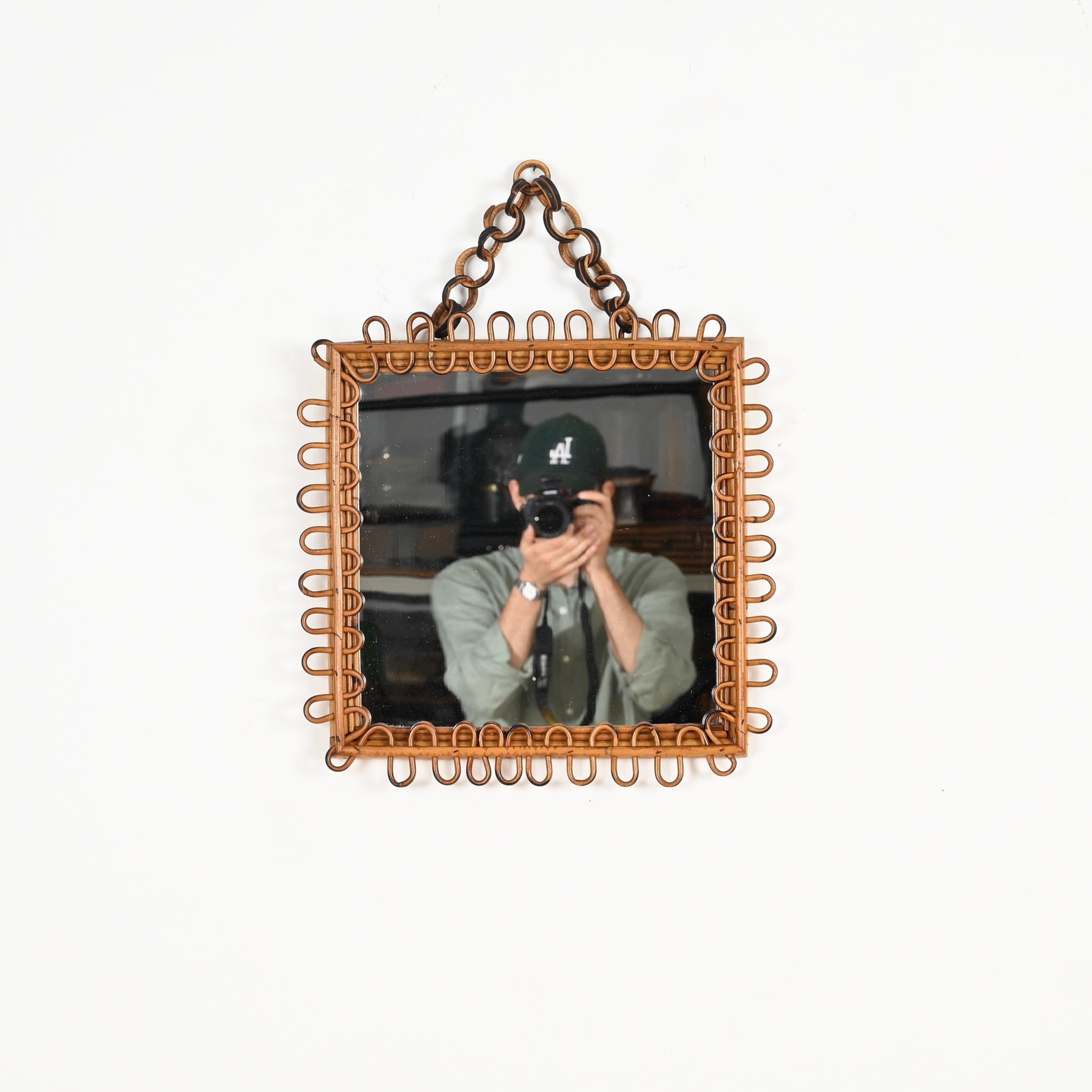 Mid-Century French Riviera Bamboo and Curved Rattan Square Mirror, Italy 1960s For Sale 1