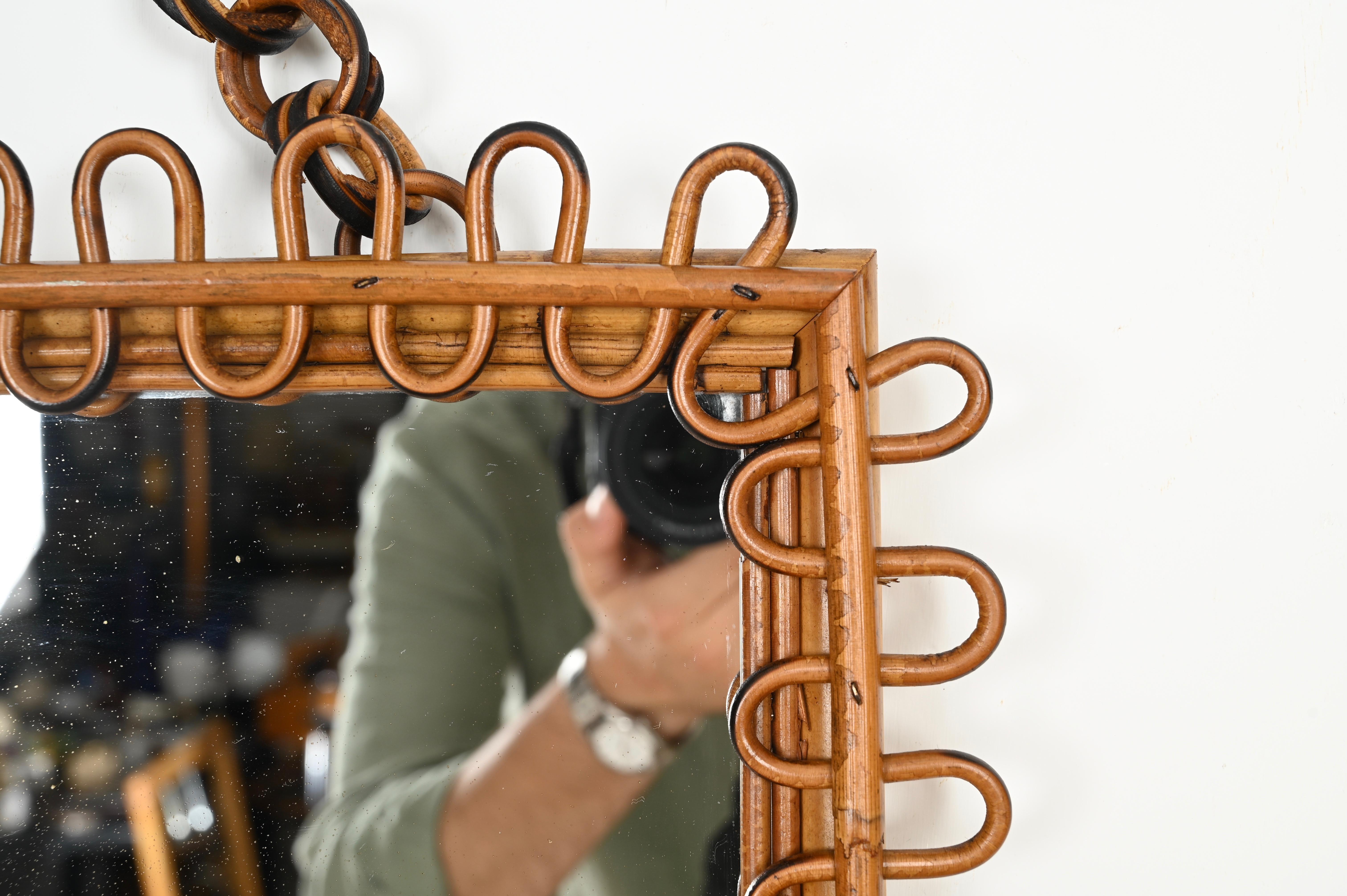 Mid-Century French Riviera Bamboo and Curved Rattan Square Mirror, Italy 1960s For Sale 2