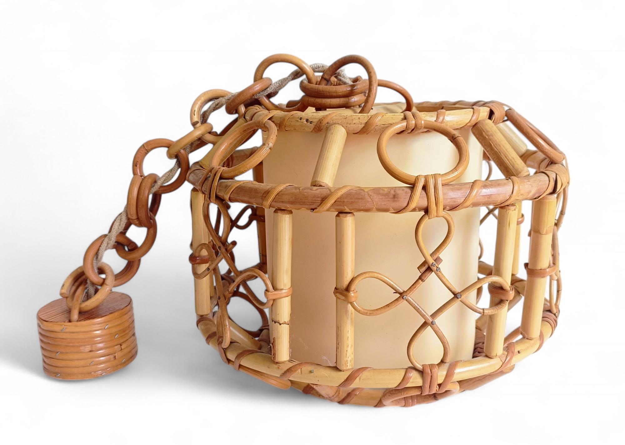 Französische Riviera-Bambus- und Rattan-Hängeleuchte aus der Jahrhundertmitte, Frankreich, 1960er Jahre im Angebot 4