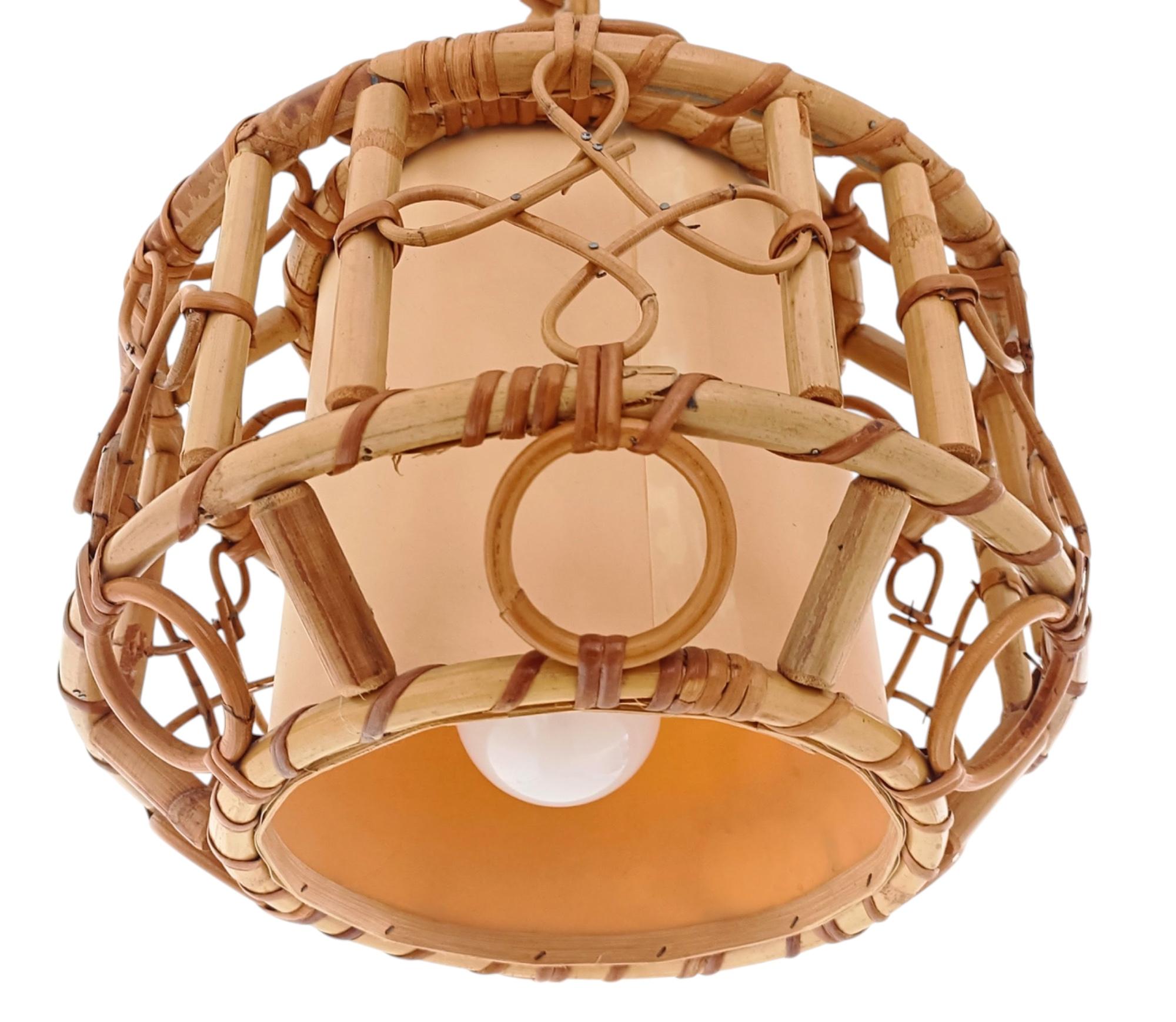 Französische Riviera-Bambus- und Rattan-Hängeleuchte aus der Jahrhundertmitte, Frankreich, 1960er Jahre (Mitte des 20. Jahrhunderts) im Angebot