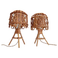Mid-Century French Riviera Bamboo and Rattan Table Lamps, France, 1960s