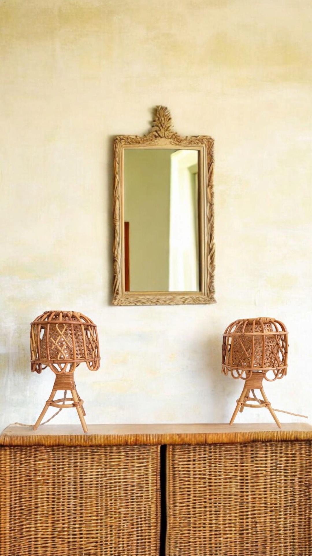Mid-Century French Riviera Bamboo and Rattan Table Lamps, in the Style of Louis Sognot, France, 1960s. 

Two lamps are available — purchase individually or as a matching pair. The price is for one of them.

They are exactly the same design, but as