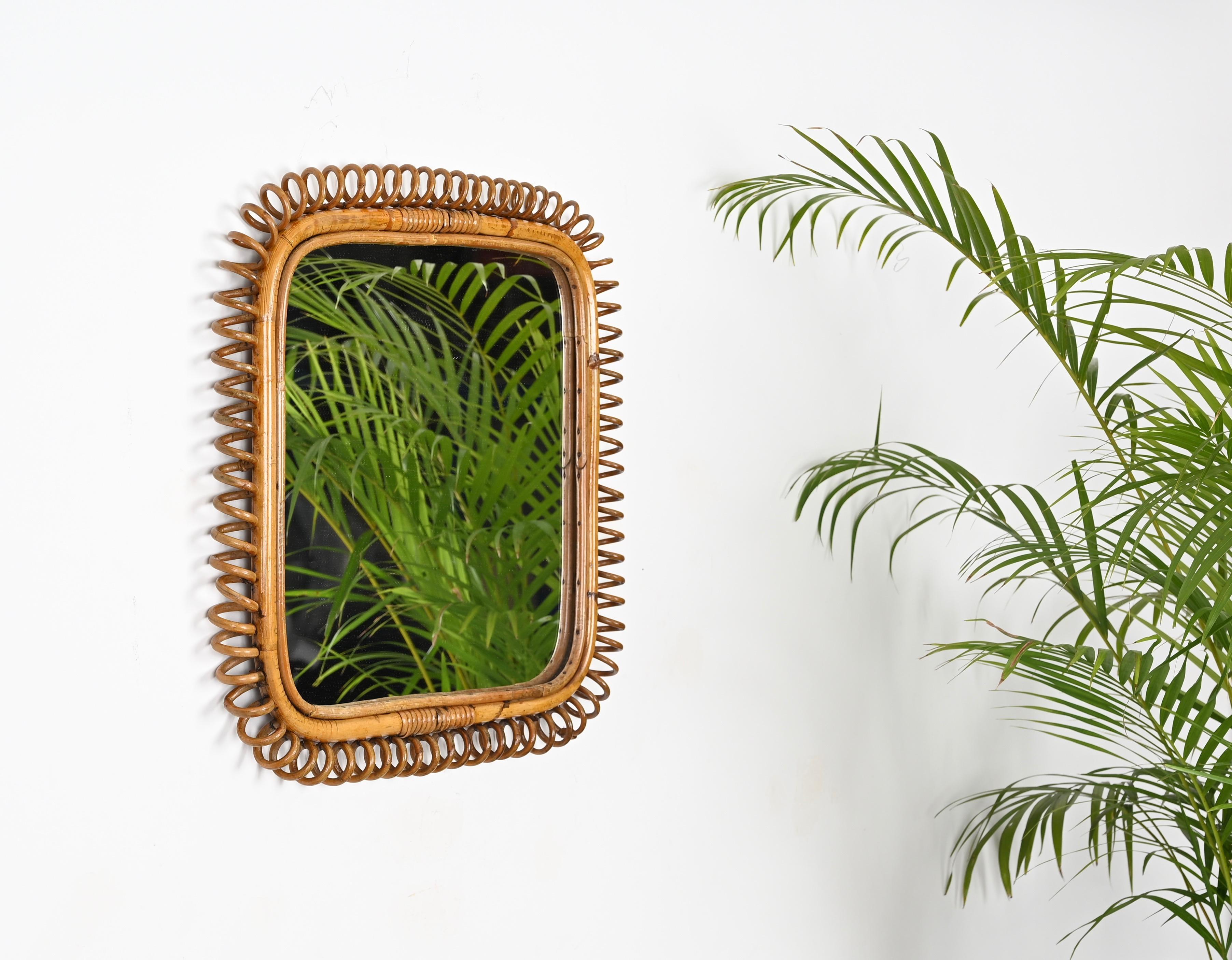 Mid-Century Modern Mid-Century French Riviera Bamboo and Spiral Rattan Square Wall Mirror, 1960s For Sale