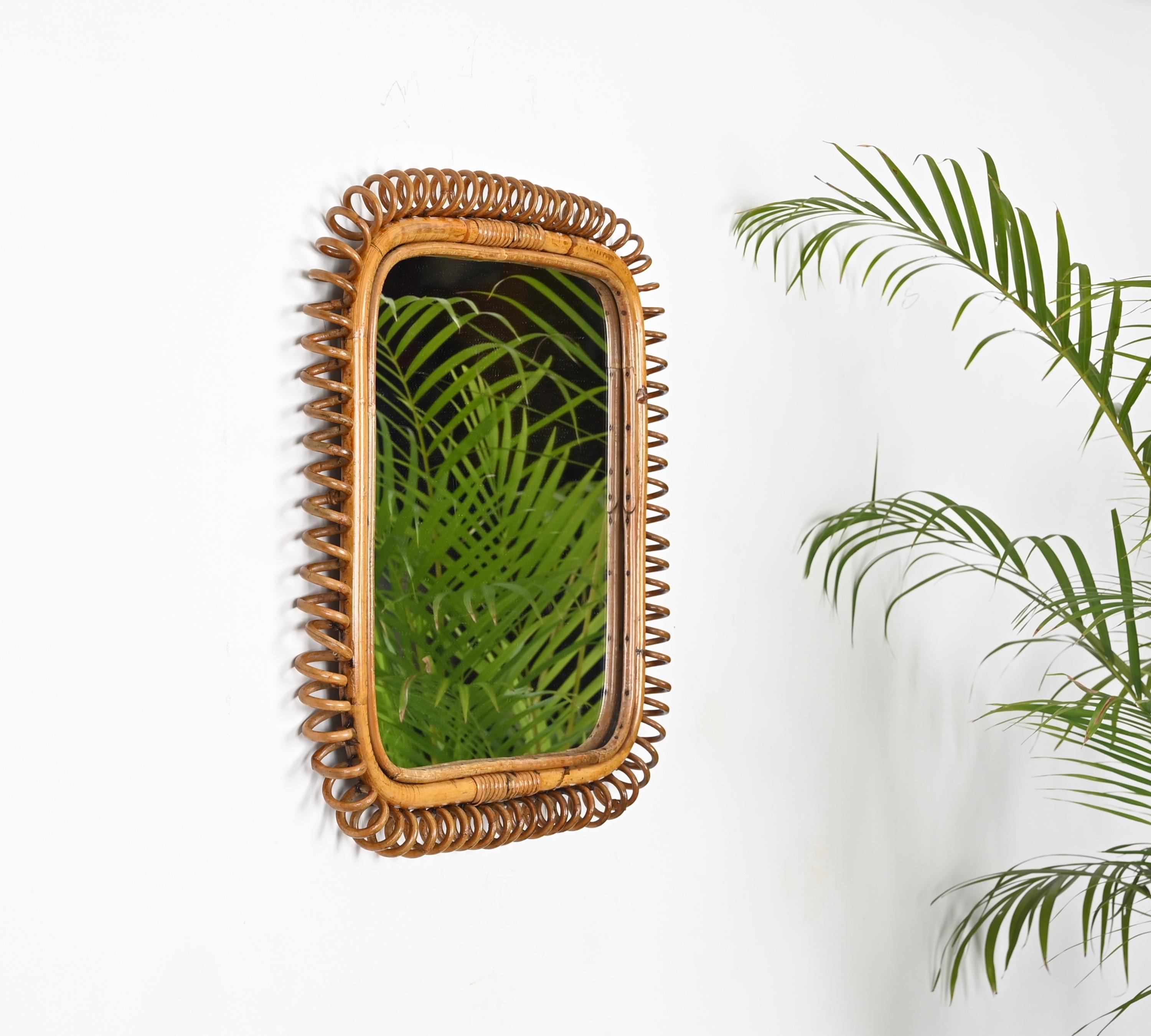 Italian Mid-Century French Riviera Bamboo and Spiral Rattan Square Wall Mirror, 1960s For Sale