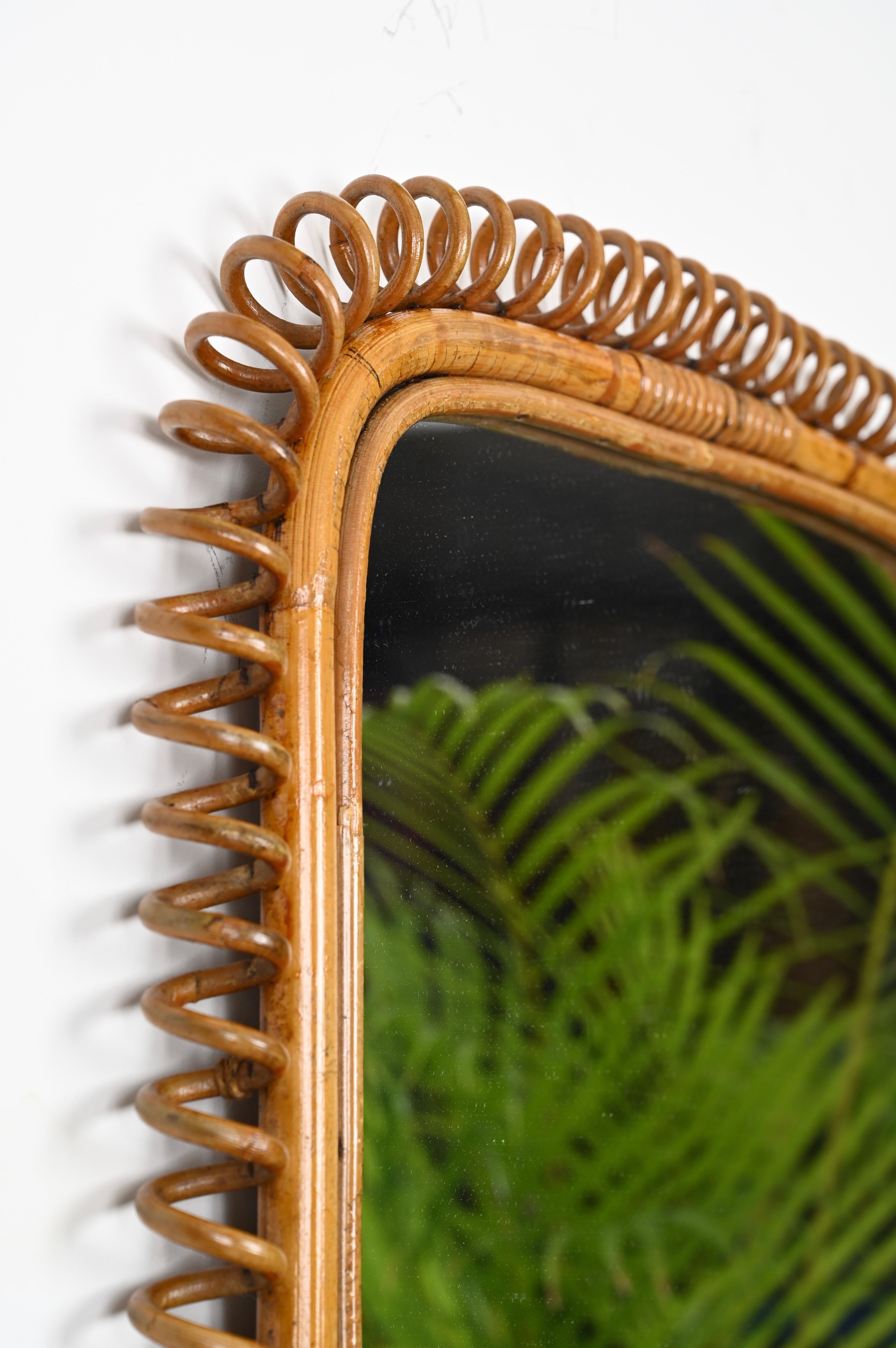 Hand-Woven Mid-Century French Riviera Bamboo and Spiral Rattan Square Wall Mirror, 1960s For Sale