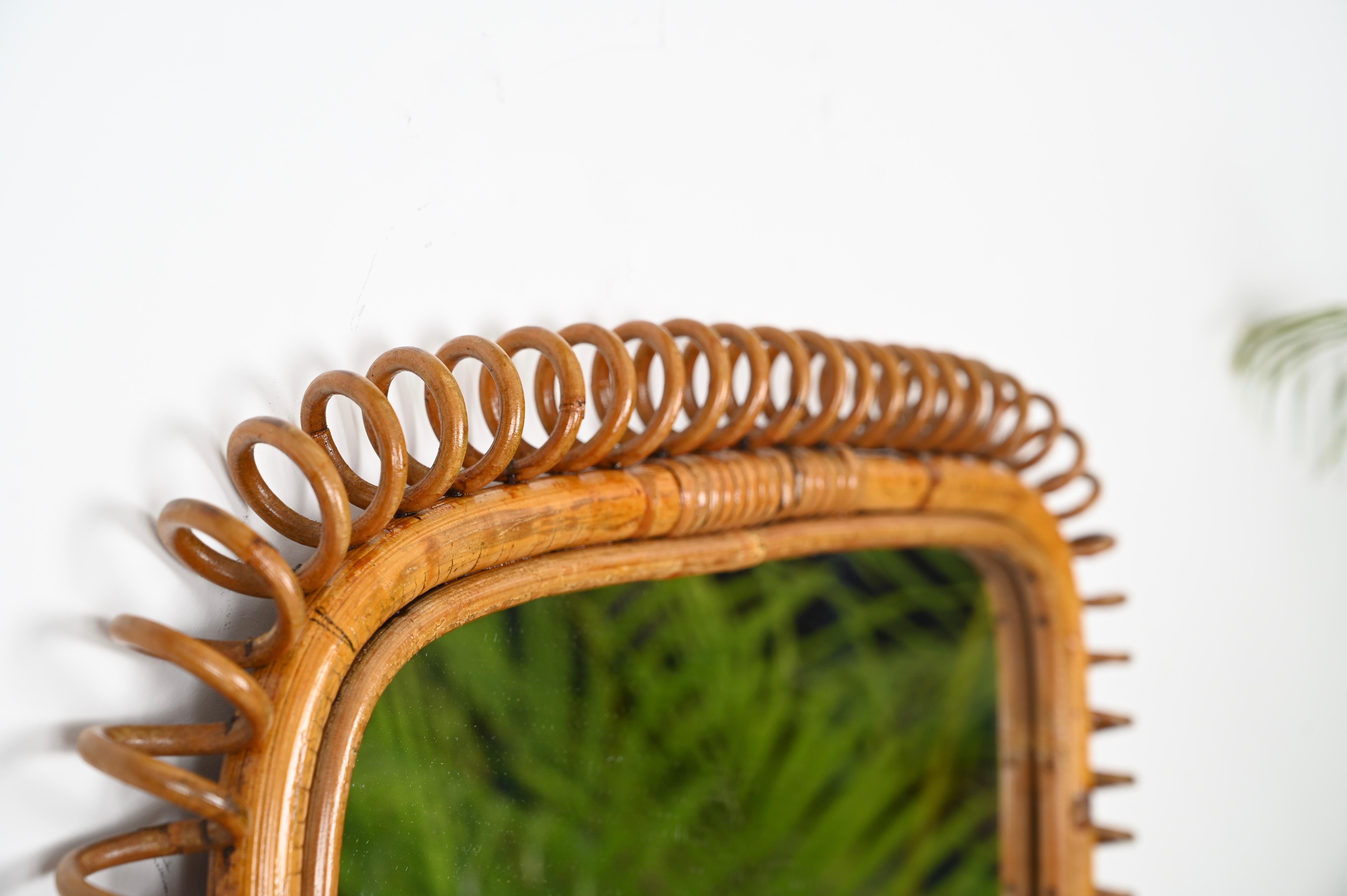 Mid-Century French Riviera Bamboo and Spiral Rattan Square Wall Mirror, 1960s In Good Condition For Sale In Roma, IT