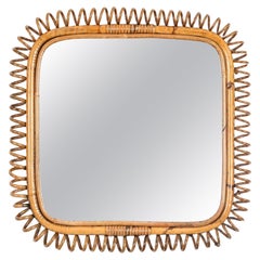 Mid-Century French Riviera Bamboo and Spiral Rattan Square Wall Mirror, 1960s