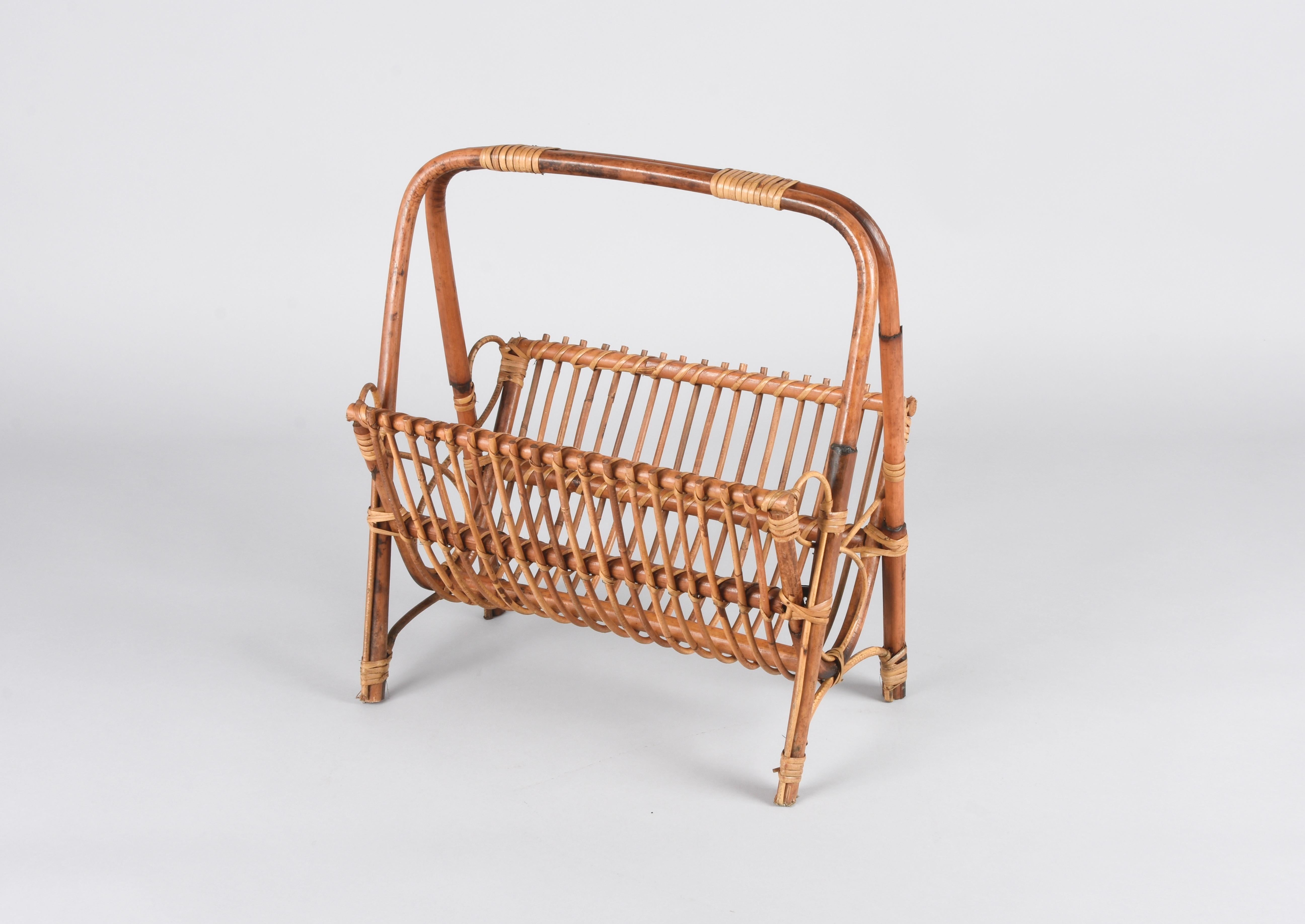 Hand-Crafted Mid-Century French Riviera Bamboo, Rattan and Wicker Magazine Rack, Italy 1960s For Sale
