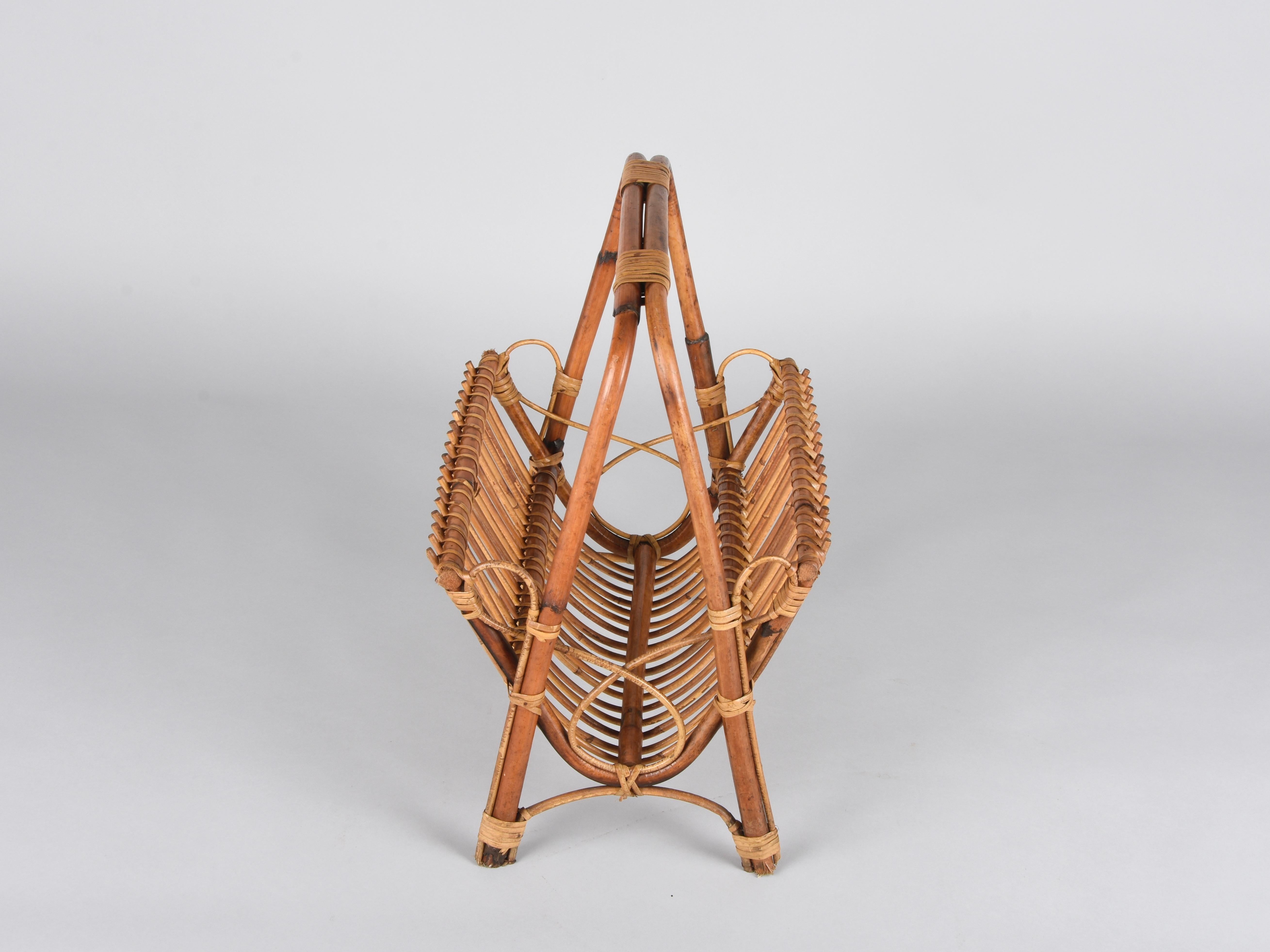 Mid-20th Century Mid-Century French Riviera Bamboo, Rattan and Wicker Magazine Rack, Italy 1960s For Sale