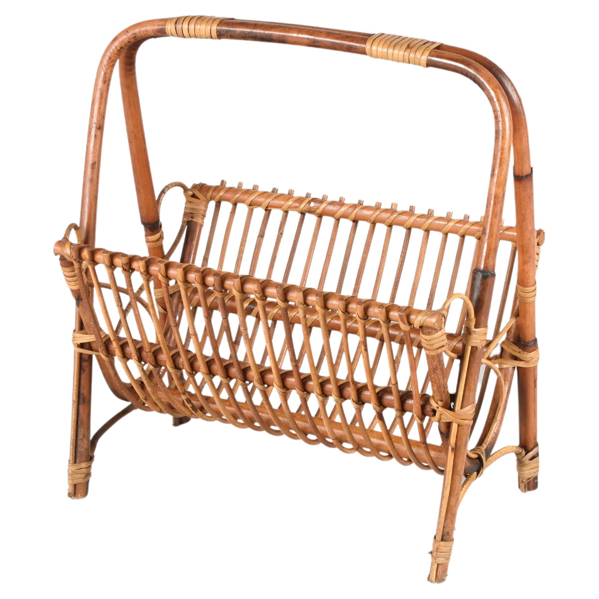 Mid-Century French Riviera Bamboo, Rattan and Wicker Magazine Rack, Italy 1960s For Sale