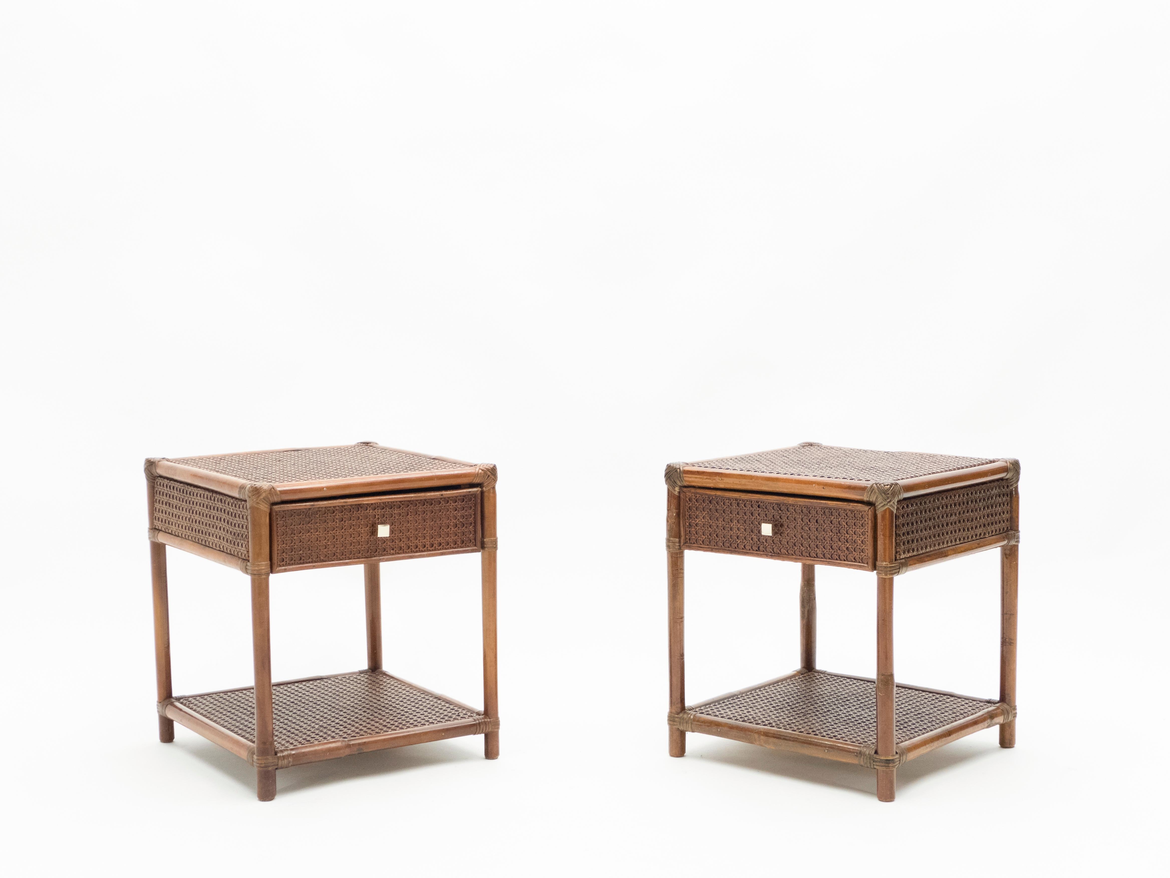 Midcentury French Riviera Cane Bamboo Brass Nightstands, 1960s 10
