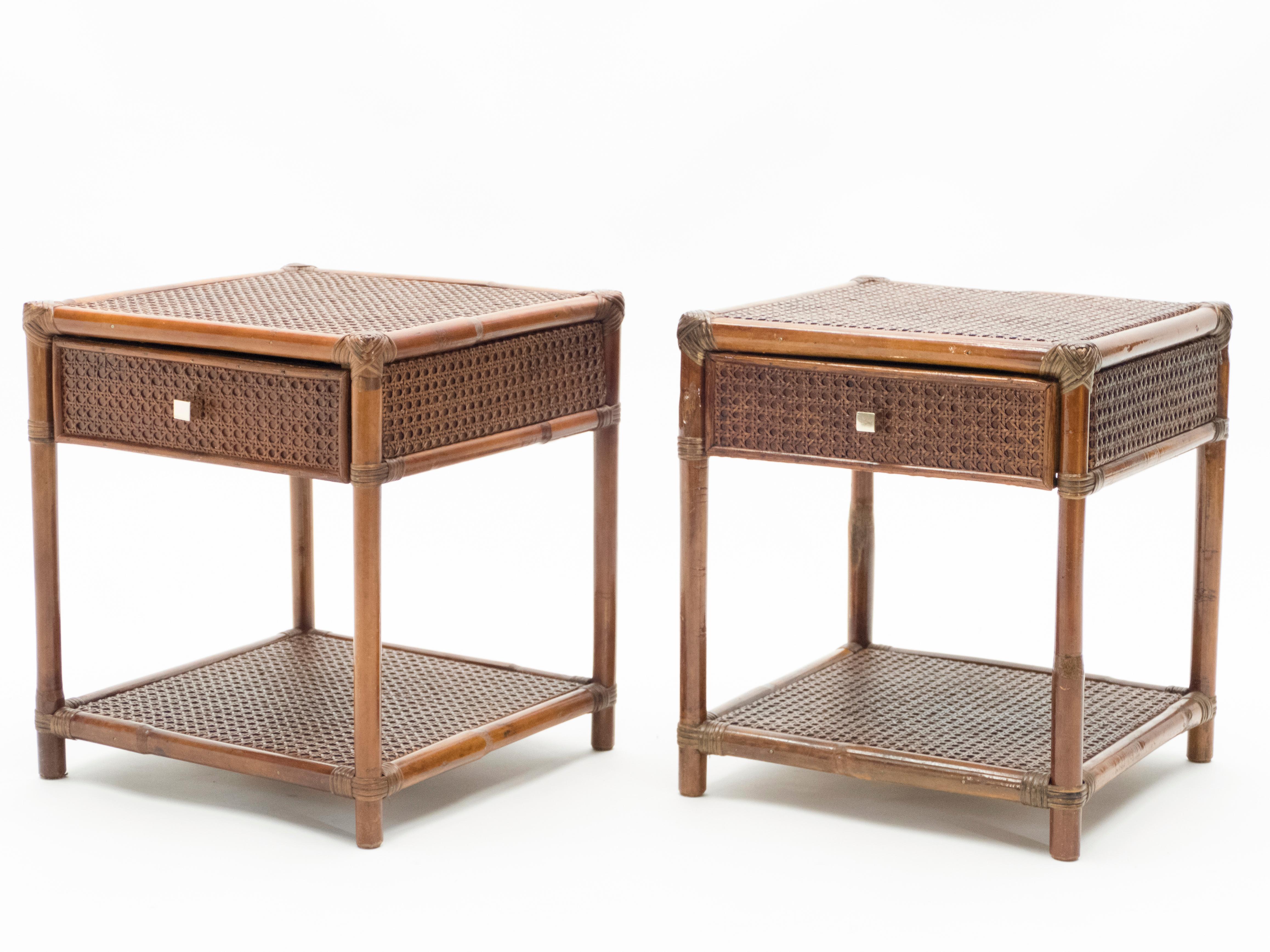 Midcentury French Riviera Cane Bamboo Brass Nightstands, 1960s In Good Condition In Paris, IDF