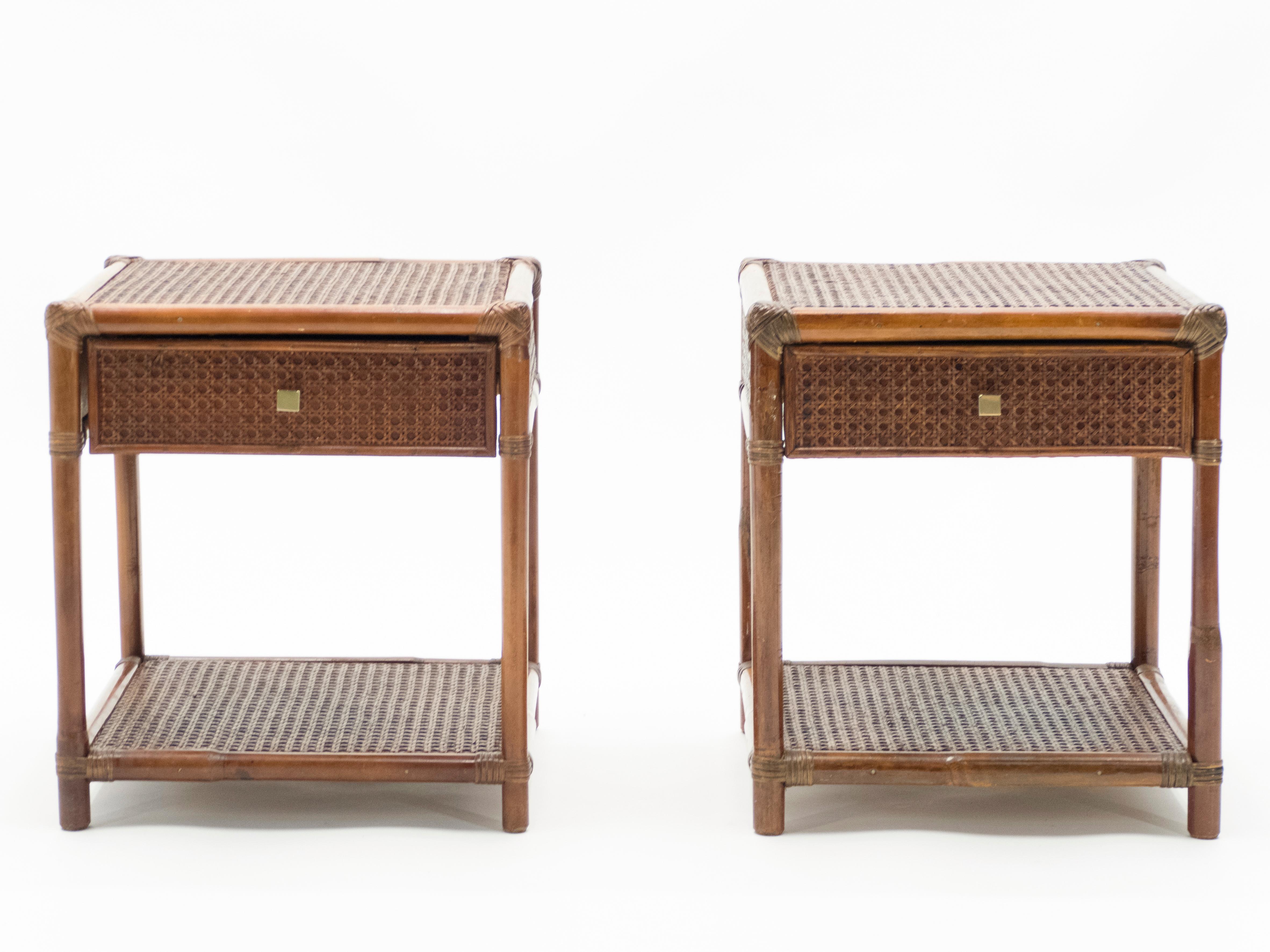 Mid-20th Century Midcentury French Riviera Cane Bamboo Brass Nightstands, 1960s